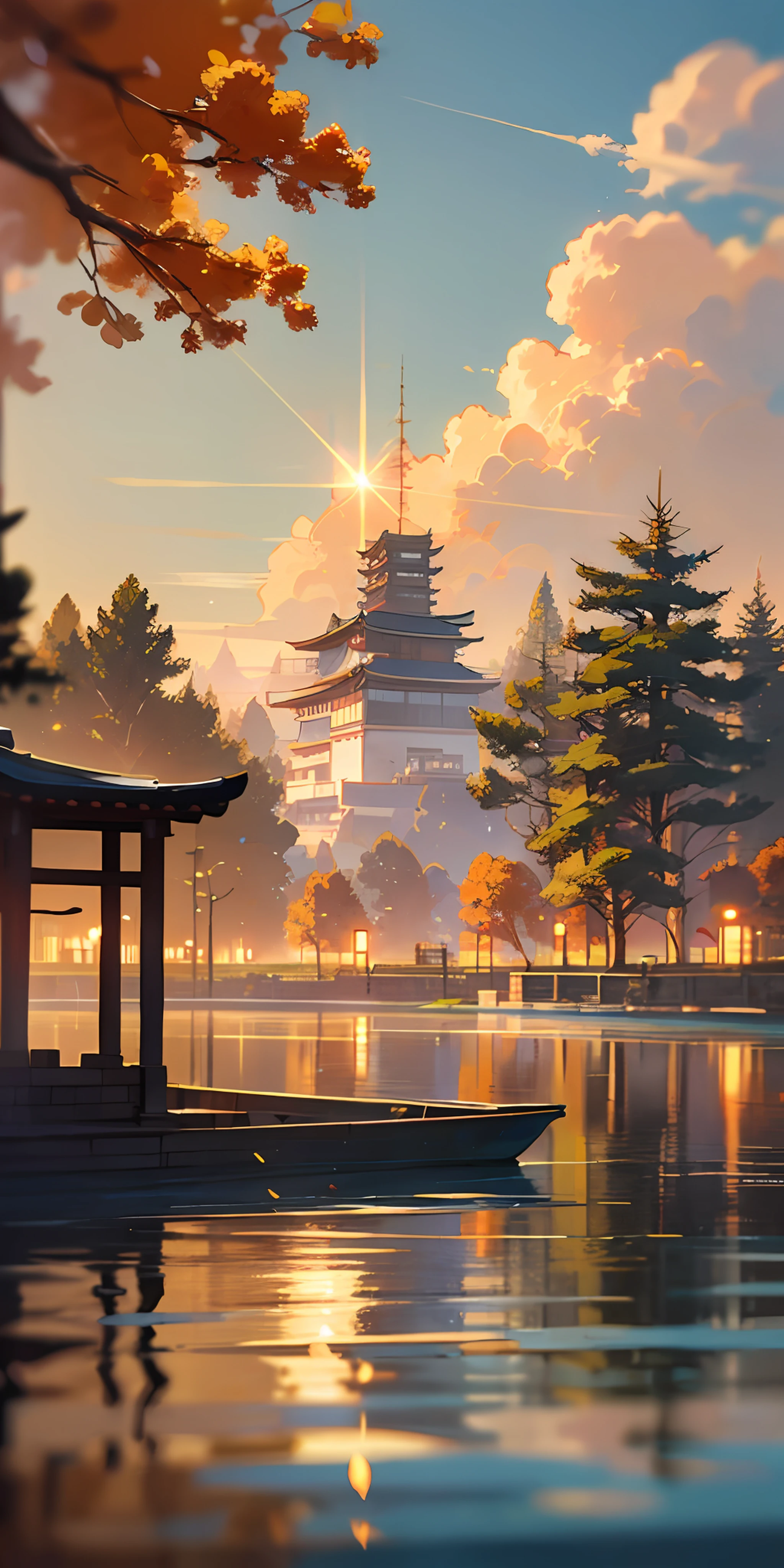 (masterpaintings,Best Quority),Riverside,There are many tall buildings on the other side of the river,depth of field,lighting perfect,light particules,(Best Quority),(masterpaintings),(hyper detailled),Sharp focus,light particules,niji,Eyes,Blushlush,orange colors_Eyes,Looking_At_peeping at the viewer,Smile,solo,Furry,Animal_Ear_fluff,Open_clothes,Arms back,Upper body body,coattails,Japanese style costume,sun beam,The tree,With his mouth open,Arms back,Blue hair,White ears,Fuchsia eyes