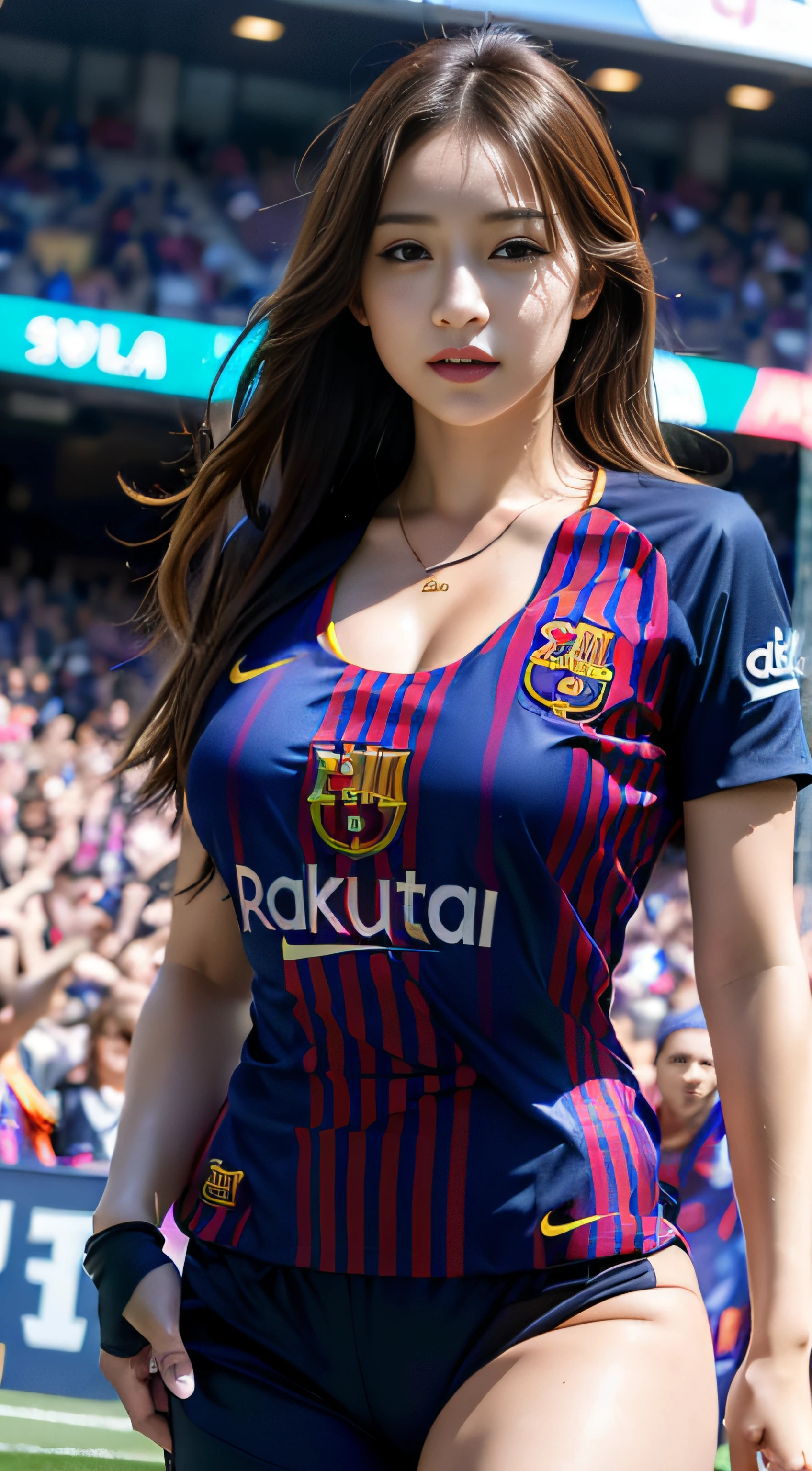 1girl, long hair, smile, hairstyle, ((slutty Barcelona soccer jersey)), top and bikini, big breasts, (curvy), professional make-up, necklace, soccer stadium vacation, (cyberpunk), dynamic light, dynamic angle, angle sideways.