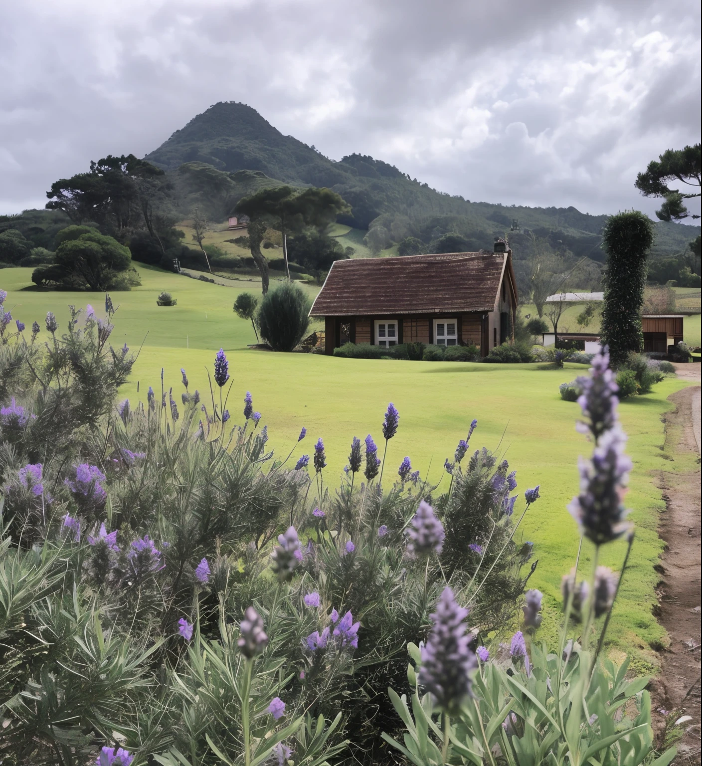 arbustos de lavanda na frente de uma casa com uma montanha ao fundo, Casa pequena em primeiro plano, Lavender fields in full bloom, Cottagecore!!, wood cabin in distance, Cottagecore, no campo, em um jardim de flores Cottagecore, Hobbiton sereno bonito, em um dia nublado, com um jardim em primeiro plano, In the distance there is a small house in the middle of a field, casinha, Cottagecore, casinha, idyllic cottage, casa de campo de madeira, Cottagecore!!, Rural area, Casa na floresta, hobbiton, Casa de Elrond, Casa de campo na floresta, O Condado, solitary cottage in the woods, Casa de campo na floresta, casa em uma colina, Pitoresca