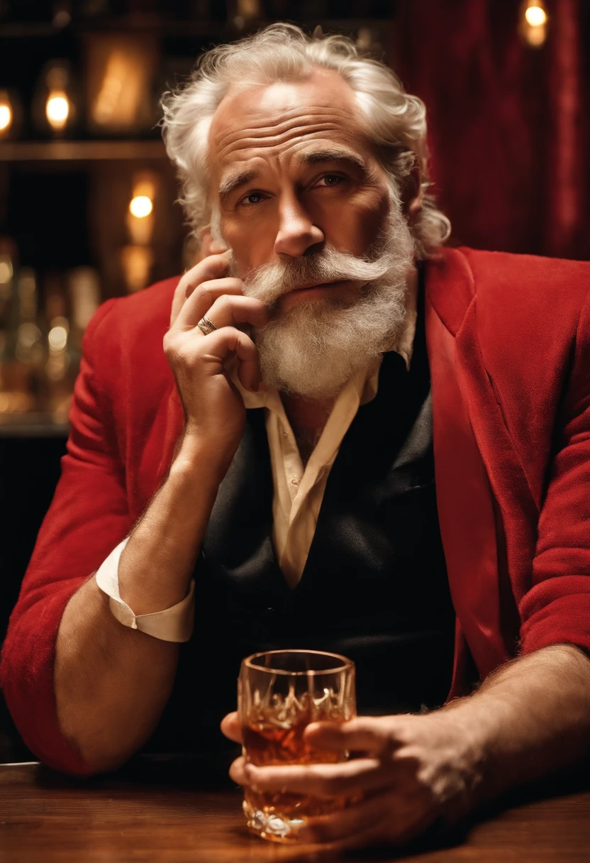 A photo of Bad Santa sitting at a dimly lit bar, holding a glass of bourbon in his hand,original,His iconic red suit, now disheveled and stained, reflects a life marred by neglect and vice. The once neatly-groomed white beard is unkempt, and his eyes, historically a source of merry twinkle, are bloodshot and weary. The robust and cheerful figure we know is replaced by a more haggard and careworn man, who carries the weight of his struggles visibly., male