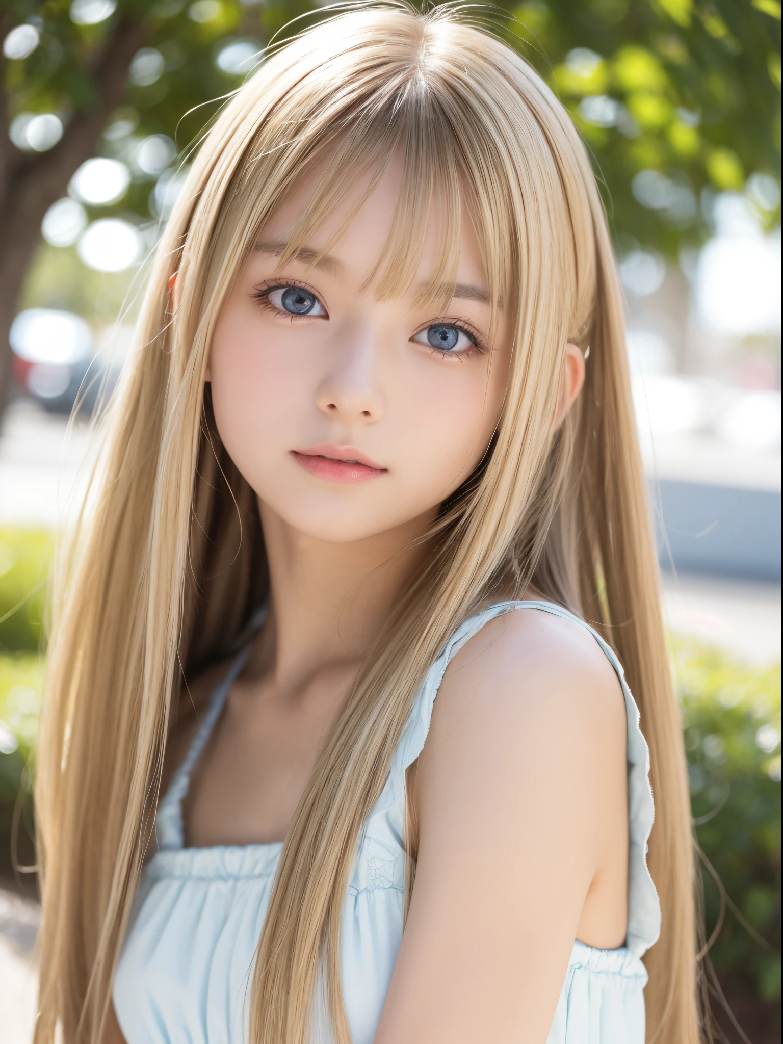 Sexy Big 、A cute 15-year-old girl with a sexy and cute look, beautiful and sexy face、A strong wind blows my hair in front of my face、With straight blonde hair、beautiful, Cute and sexy eyes hidden behind long bangs、I&#39;m wearing a choker、Cute micro mini skirt