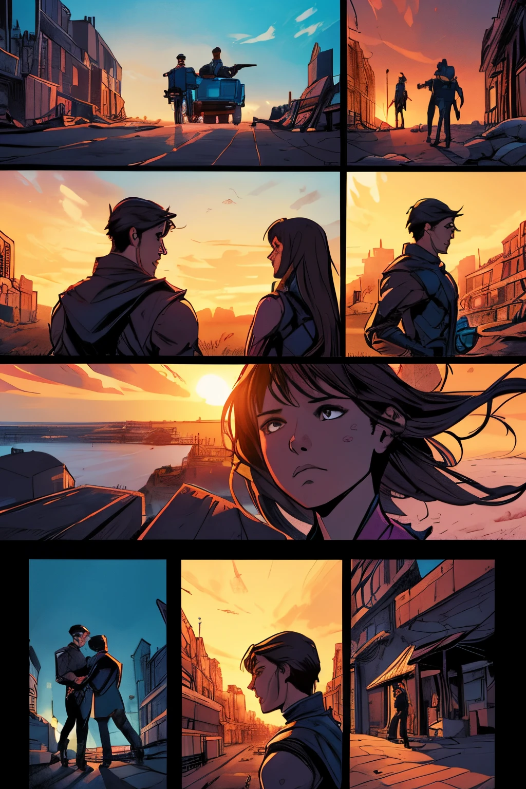 comic book,6-panel grid,wordless,very representative,easy to understand,illustration,high-quality,ultra-detailed,expressive characters,vibrant colors,emotional storytelling,romantic atmosphere,varied camera angles,dynamic poses,subtle lighting,thoughtful composition,cohesive visual narrative.