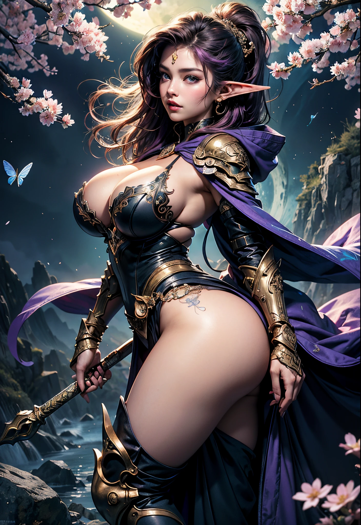 PERFECT MASTERPIECE, PROFESSIONAL AWARD-WINNING PORTRAIT, EXTREMELY DETAILED CG UNITY 8K UHD QUALITY RESOLUTION WALLPAPER, PHOTOREALISTIC, OFFICIAL ART, PROFESSIONAL CINEMATIC LIGHTING, PROFESSIONAL FILM QUALITY, COSMIC, ATMOSPHERIC, AESTHETIC, ENCHANTING, the most beautiful and sexy elf warrior goddess, long purple hair, vibrant moonlight eyes, long detailed eyelashes, blushing, alluring and seductive facial expression, wearing highly detailed sexy hooded battle armor, super huge enormously gigantic tits, cleavage showing, curvy, full hips, gigantic tits bursting out of her clothing, tons of tattoos and piercings, in a sexy seductive enchanting alluring pose, bending over arching her back, looking back at the viewer, her butt facing the viewer, close up pov camera view from below, cherry blossoms and butterflies blowing in the wind, enchanted cosmic aesthetic atmospheric background