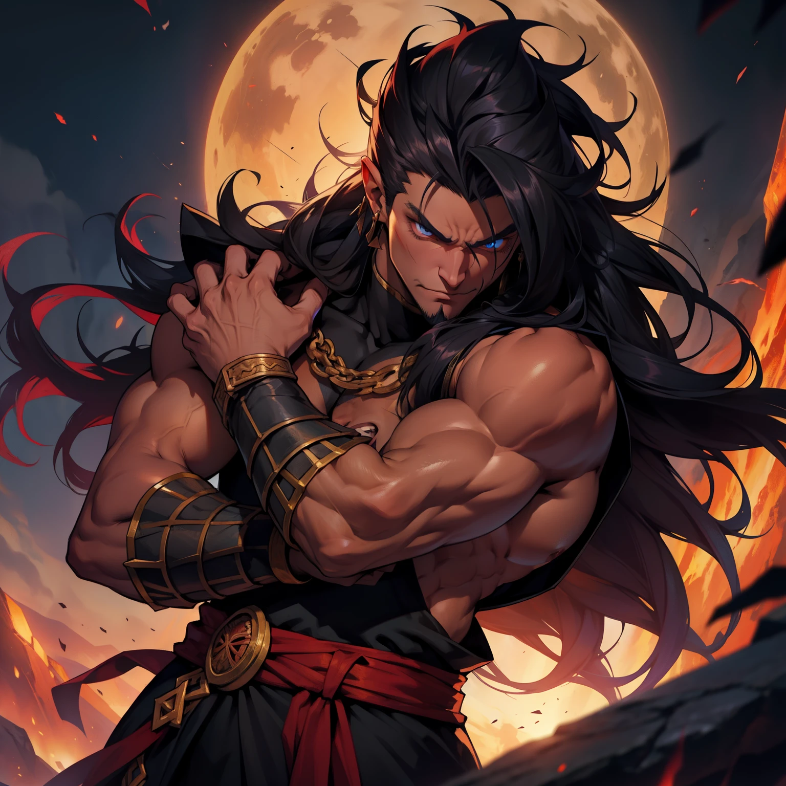 Berserker Man. Dark and fieryHair. Very Long Hair. Beautiful Hair. Tan. Draconic. Himbo. Prince