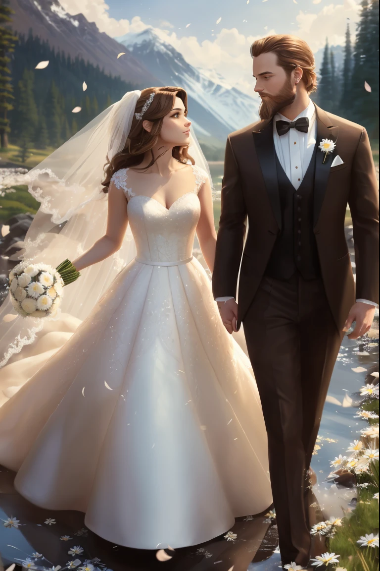 ((one brown haired woman in wedding dress and one blonde haired man with a beard in a tuxedo kiss happily)), 8k artgerm bokeh, fanart best artstation, render photorealistic, guweiz-style art, inspired by WLOP, ig model | artgerm, detailed portrait, stunning portrait of realistic face, beautiful portrait, deviantart artstation cgscosiety, a stream and mountain background,  (daisy petals floating in air:1.3), early morning light, crepuscular lighting, dynamic pose, dynamic angle,