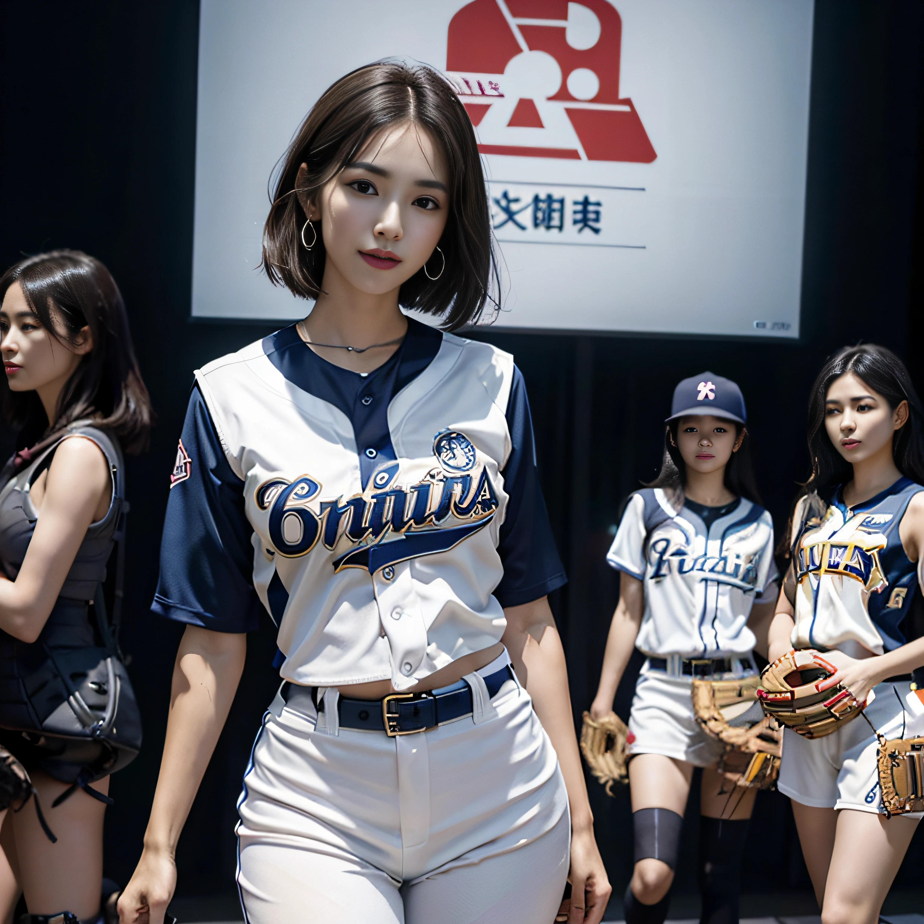 Ridiculous resources, RAW photos, Extremely Delicately Beautiful, tmasterpiece, Best quality, 超高分辨率, 16k, hyper realisitc, ultra - detailed, Very detailed CG 8k wallpaper, beautiful light up, Perfect lightning, realistic shaded, perfect anatomia, Ultra-delicate skin, perfect body figure, in my 20s, Very slim figure, Willow waist, Small head, The details of the eyes and face are very rich, Real face proportions, Amazing eye details, realistic beautiful face, Face smaller, Realistic little pretty eyes, 二重まぶた, tear-mole, Mole on the chest, ear nipple ring, The legs are beautiful and thin, Beautiful and thin thighs, (very huge round breasts:1.3), (Short hair details), (curlies), (perspired), (fully body photo:1.3), (3 Girls:1.5), (Baseball uniforms:1.3), (midriff peek), (Sleeveless),
