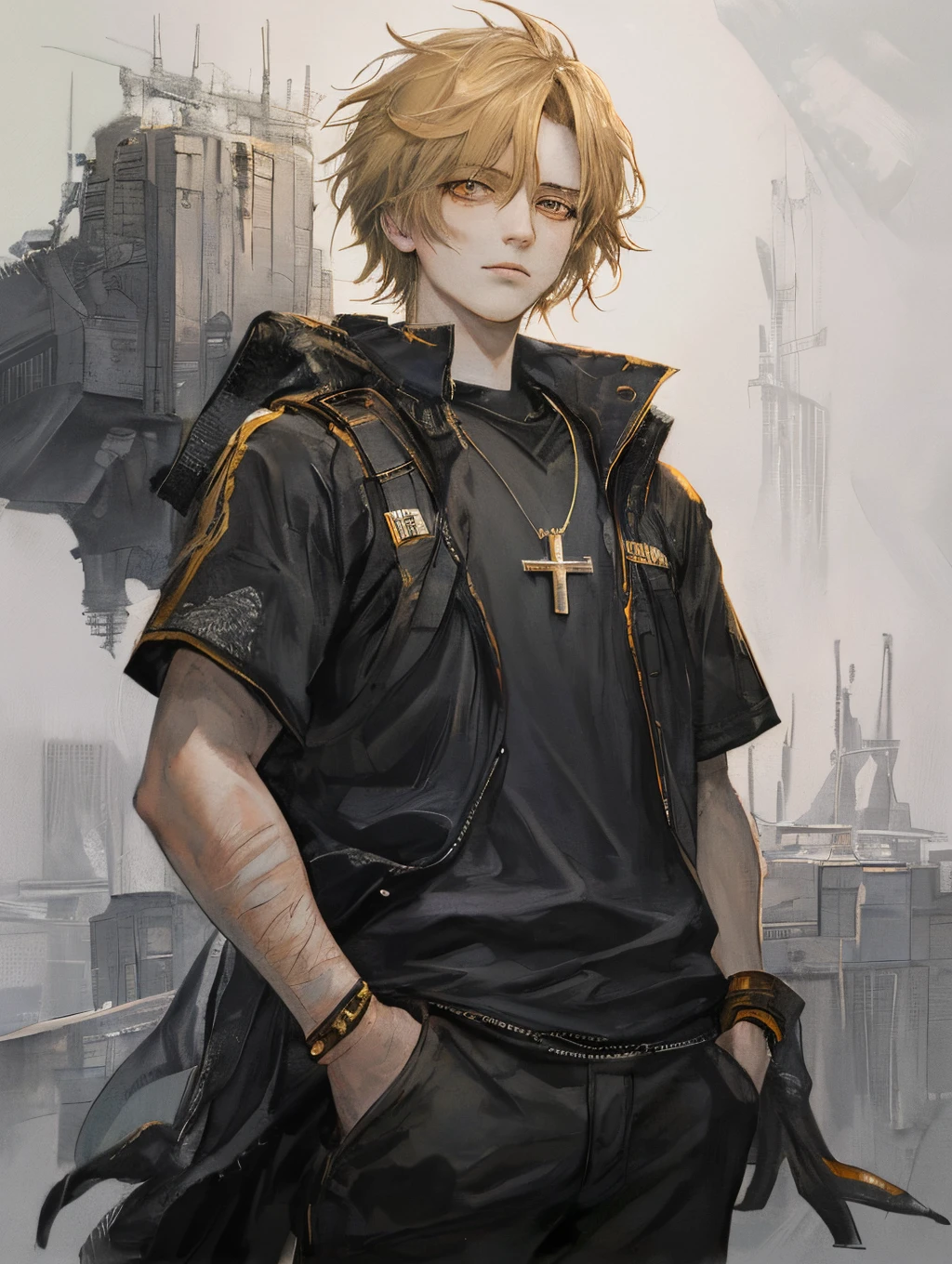 Man with pale skin, scars on face, short anime boy blonde spiked hair, orange eyes, cat pupils, wearing a black short sleeve t shirt, cross necklace