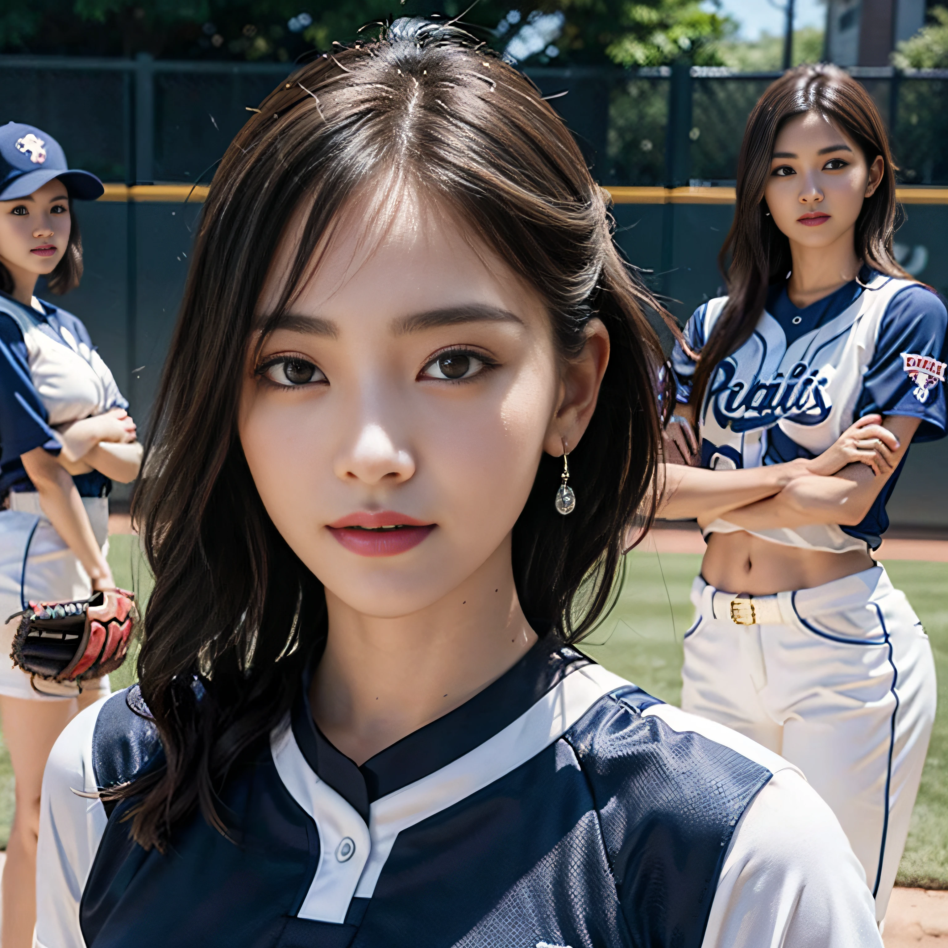 Ridiculous resources, RAW photos, Extremely Delicately Beautiful, tmasterpiece, Best quality, 超高分辨率, 16k, hyper realisitc, ultra - detailed, Very detailed CG 8k wallpaper, beautiful light up, Perfect lightning, realistic shaded, perfect anatomia, Ultra-delicate skin, perfect body figure, in my 20s, Very slim figure, Willow waist, Small head, The details of the eyes and face are very rich, Real face proportions, Amazing eye details, realistic beautiful face, Face smaller, Realistic little pretty eyes, 二重まぶた, tear-mole, Mole on the chest, ear nipple ring, The legs are beautiful and thin, Beautiful and thin thighs, (very huge round breasts:1.3), (Short hair details), (curlies), (perspired), (fully body photo:1.3), (3 Girls:1.5), (Baseball uniforms:1.3), (midriff peek), (Sleeveless),