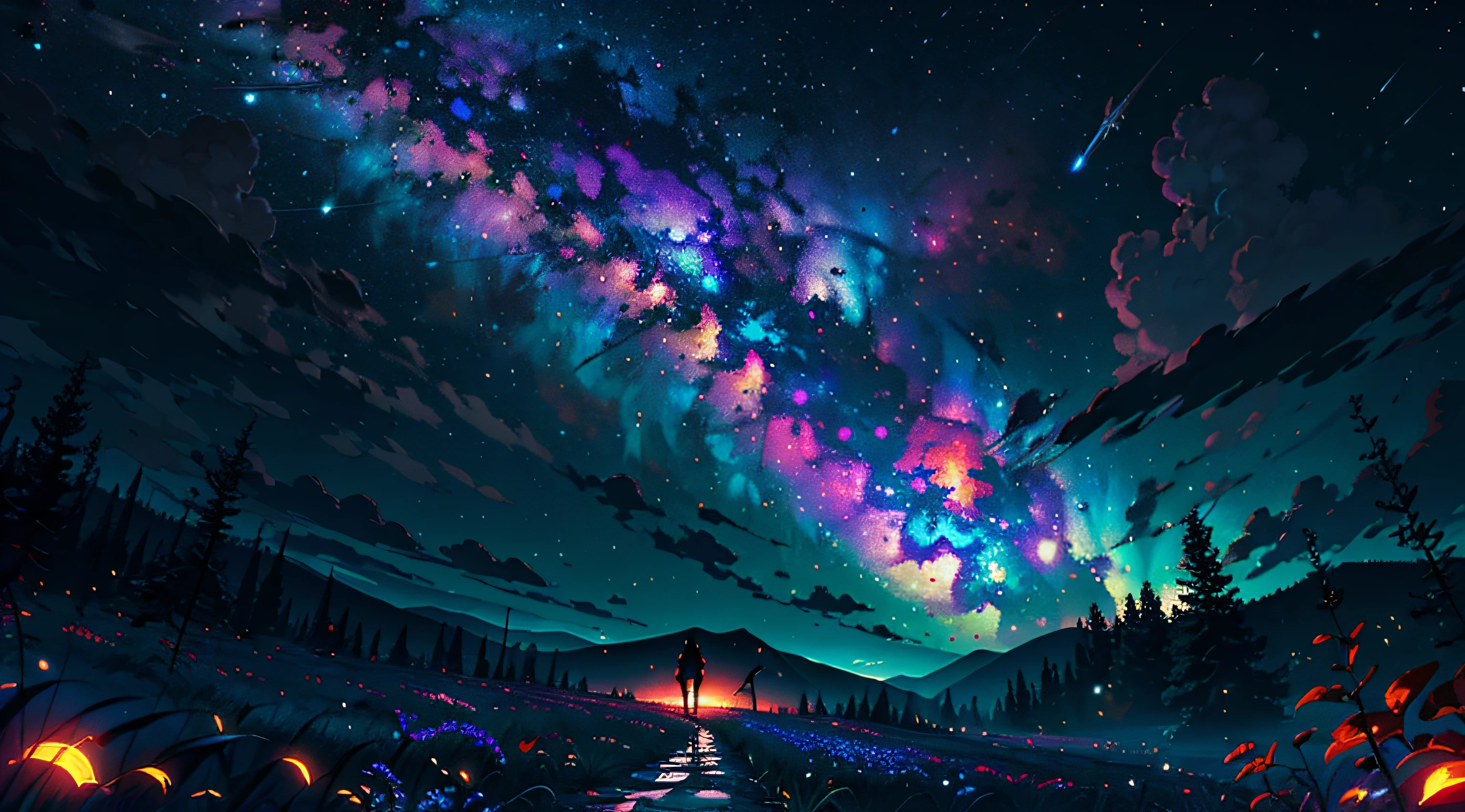 A wide landscape photo, (viewed from below, the sky is above, and the open field is below), a girl standing on a flower field looking up, (full moon: 1.2), (meteor: 0.9), (nebula: 1.3), distant mountains , Trees BREAK Crafting Art, (Warm Light: 1.2), (Firefly: 1.2), Lights, Lots of Purple and Orange, Intricate Details, Volumetric Lighting BREAK (Masterpiece: 1.2), (Best Quality), 4k, Ultra Detailed, (Dynamic Composition: 1.4), Rich in Detail and Color, (Rainbow Color: 1.2), (Glow, Atmospheric Lighting), Dreamy, Magical, (Solo: 1.2)