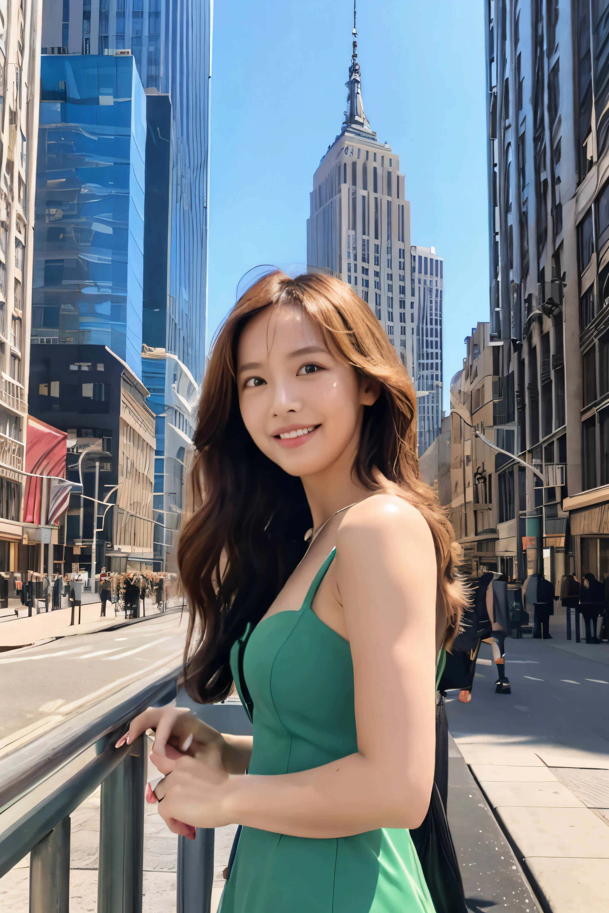 (Best Quality, 8K, masutepiece: 1.3), Clear focus: 1.2,Beautiful photos,fullbody image, Beautuful Women,: 1.4, Extremely beautiful woman,: 1.1, Brown hair, aqua dress: 1.4, newyork,With the Empire State Building in the background,1.1, the city street, detailed face and body,, Double eyelids. Add realistic lighting, Be careful with adjusting the ratio,slightly set apart,toward to the camera,Smiling,fullbody image,