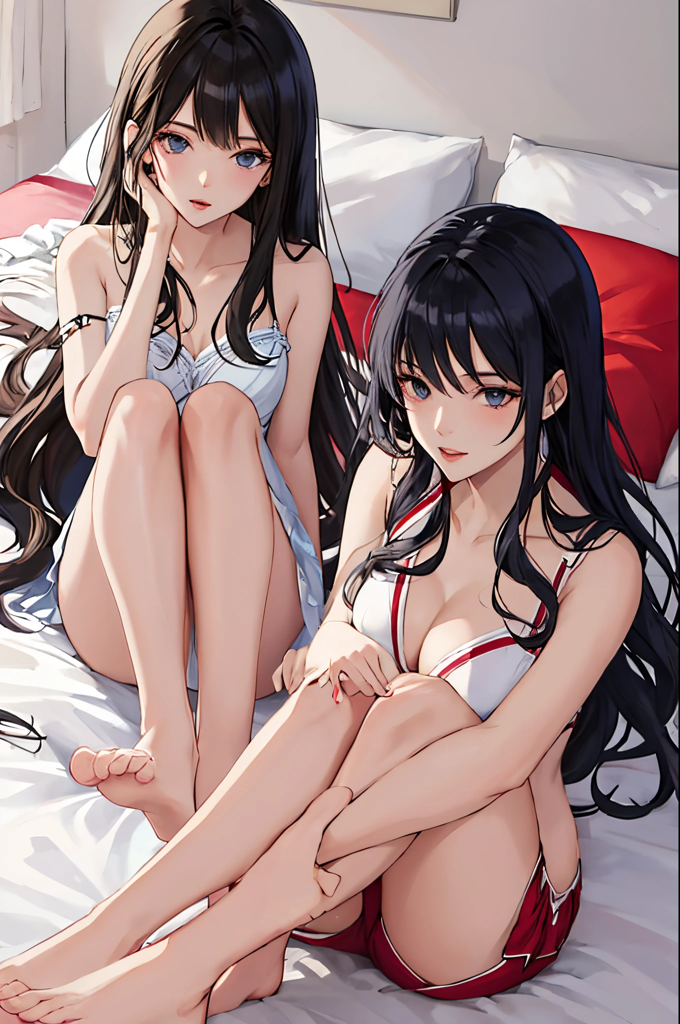 2 girls with black hair in a bed putting their feet together with "dopestdivas" promotional text