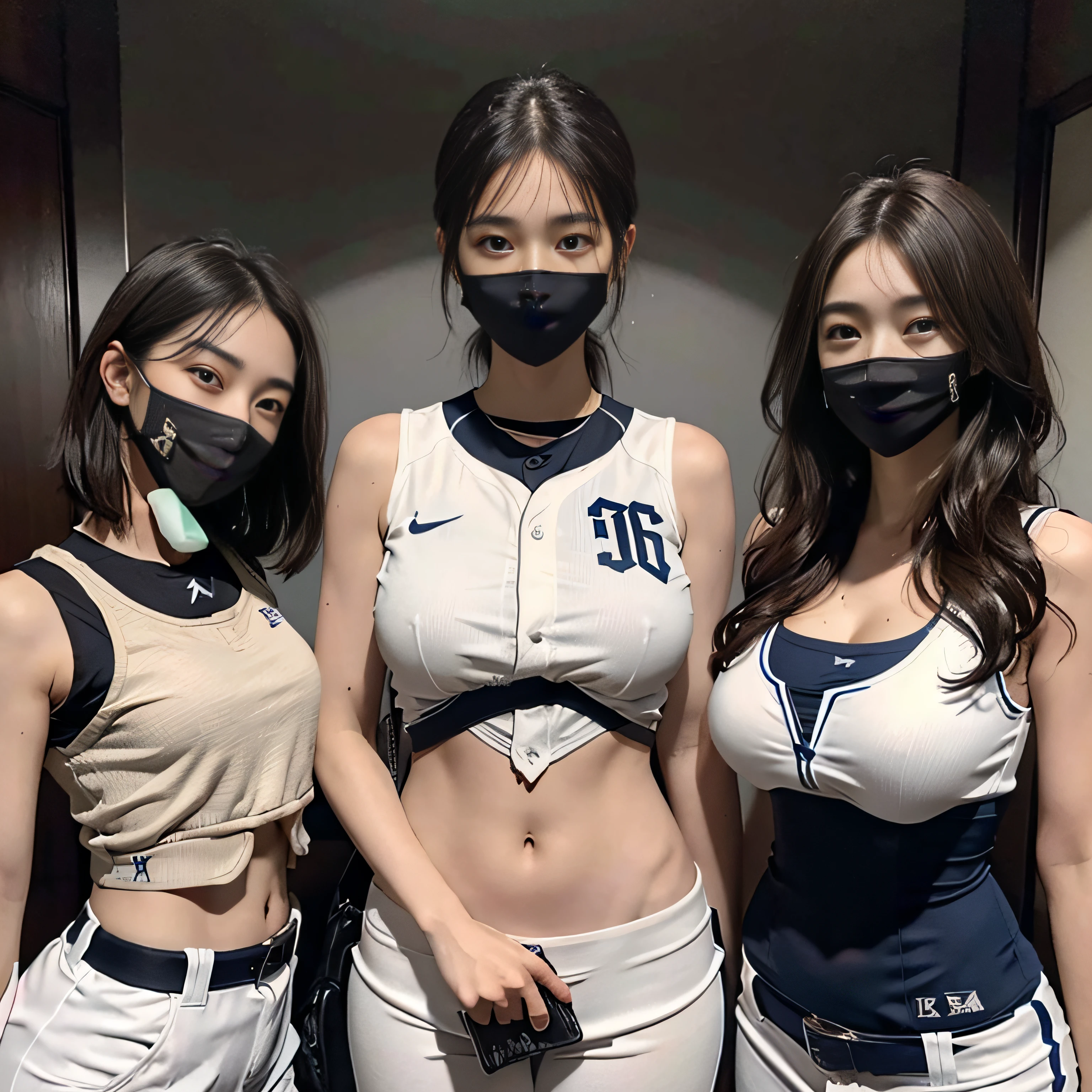 Ridiculous resources, RAW photos, Extremely Delicately Beautiful, tmasterpiece, Best quality, 超高分辨率, 16k, hyper realisitc, ultra - detailed, Very detailed CG 8k wallpaper, beautiful light up, Perfect lightning, realistic shaded, perfect anatomia, Ultra-delicate skin, perfect body figure, in my 20s, Very slim figure, Willow waist, Small head, The details of the eyes and face are very rich, Real face proportions, Amazing eye details, realistic beautiful face, Face smaller, Realistic little pretty eyes, 二重まぶた, tear-mole, Mole on the chest, ear nipple ring, The legs are beautiful and thin, Beautiful and thin thighs, (very huge round breasts:1.3), (Short hair details), (curlies), (perspired), (fully body photo:1.3), (3 Girls:1.5), (Baseball uniforms:1.3), (midriff peek), (Sleeveless),
