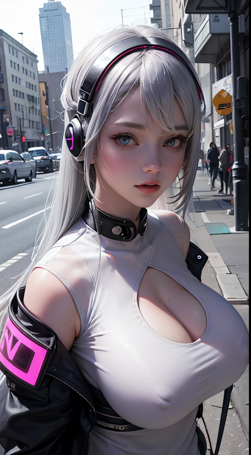 1 plump girl, White hair, Long gray hair, A masterpiece of technological clothing, Best quality at best, actual, Endless realism, Dark purple coat, sporty attire, A detailed eye, with headphones on, White blonde hair, 21-year-old girl, Stylish pose, Half a body, wide - angle shot, Have on the street, cyber punk personage,Colossal tits,Huge cleavage