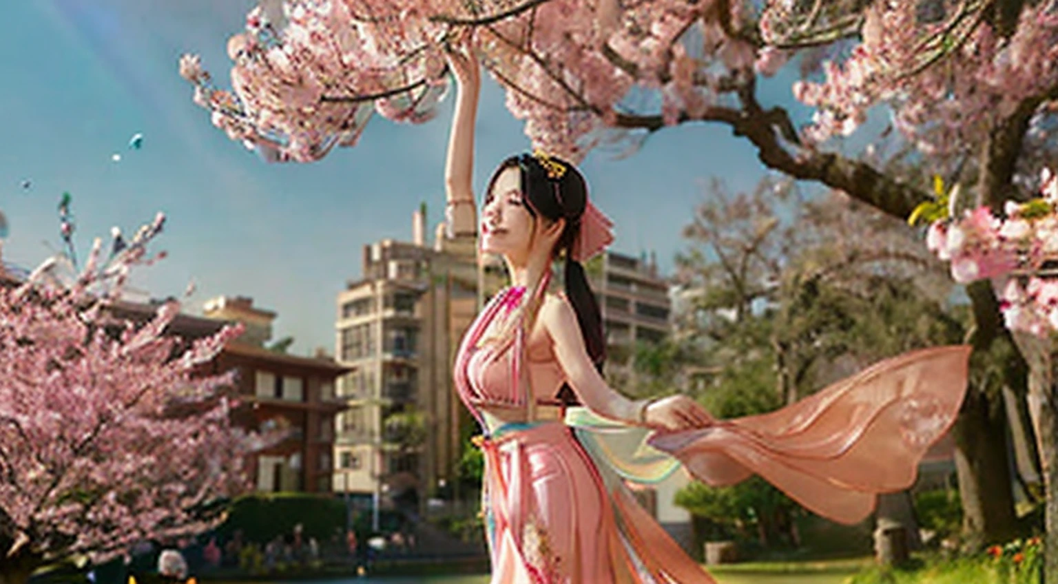 (masterpaintings,Melhor Quoridade),Riverside,There are many tall buildings across the river,profundidade de campo,perfect lighting,light particles,(Melhor Quoridade),(masterpaintings),(hiper detalhado),foco nítido,light particles,a beautiful Chinese woman standing in a cherry blossom field with a sun hat and wearing pink halter dress, longos cabelos castanhos ondulados, wearing sunglasses, alto e magro, Beautiful, sorriso sutil, Olhando_em_espreitando o espectador,sorrir,sozinho,open sky_Clothes,Arms back,standingn, e de corpo inteiro,Japanese style costume,raio de sol,The tree,De boca aberta,Arms back,cabelos azuis,orelhas brancas,fuchsia eyes