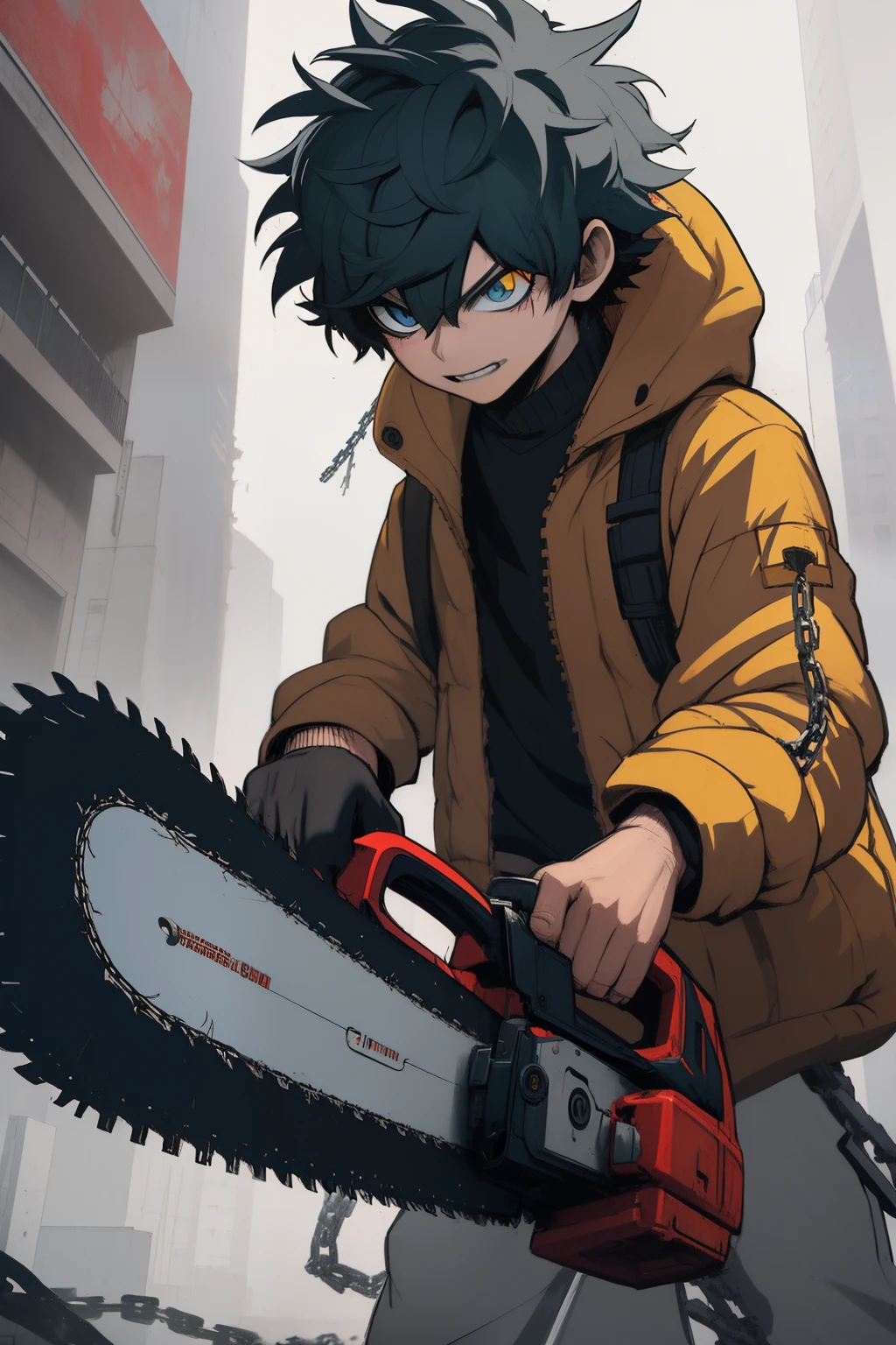 anime guy with chainsaw in his hand in front of a building, blue messy haircut, sorrindo,  badass anime 8 k, chain saw man, Akira Estilo de Arte, No estilo Sachin Teng, Epic anime style, akira style illustration, Estilo anime 4K, Melhor Anime 4K Konachan Wallpaper, Sem estilo Akira, Sachin Teng, arte traficional do anime, Art not Guweiz style