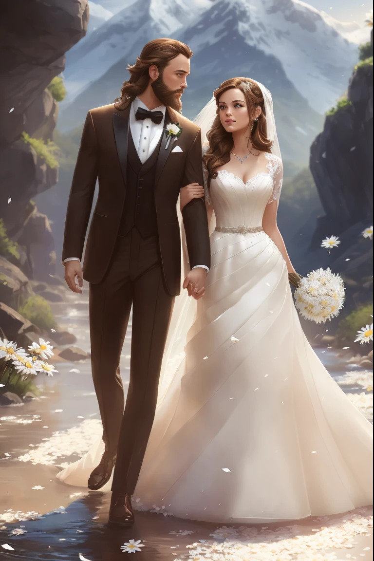 ((one brown haired woman in wedding dress and one blonde haired man with a beard in a tuxedo kiss happily)), 8k artgerm bokeh, fanart best artstation, render photorealistic, guweiz-style art, inspired by WLOP, ig model | artgerm, detailed portrait, stunning portrait of realistic face, beautiful portrait, deviantart artstation cgscosiety, a stream and mountain background, (daisy petals floating in air:1.3), early morning light, crepuscular lighting, dynamic pose, dynamic angle,