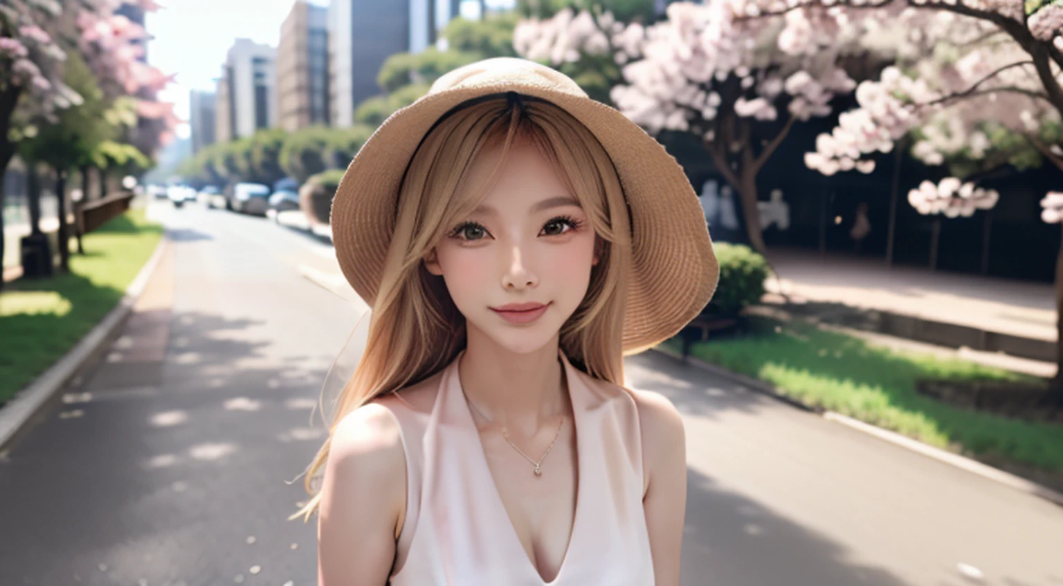 (masterpaintings,Melhor Quoridade),Riverside,There are many tall buildings across the river,profundidade de campo,perfect lighting,light particles,(Melhor Quoridade),(masterpaintings),(hiper detalhado),foco nítido,light particles,a beautiful Chinese woman standing in a cherry blossom field with a sun hat and wearing pink halter dress, longos cabelos castanhos ondulados, wearing sunglasses, alto e magro, Beautiful, sorriso sutil, Olhando_em_espreitando o espectador,sorrir,sozinho,open sky_Clothes,Arms back,standingn, e de corpo inteiro,Japanese style costume,raio de sol,The tree,De boca aberta,Arms back,cabelos azuis,orelhas brancas,fuchsia eyes