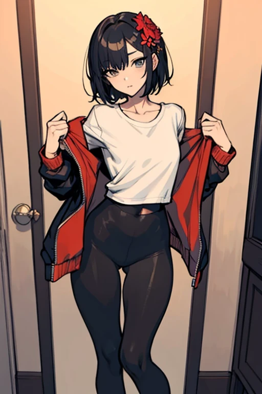 (masterpiece:1.2, best quality), 1lady, jacket, Leggings, fullbody, shorthair, hair flower accessory, big chest, shirt