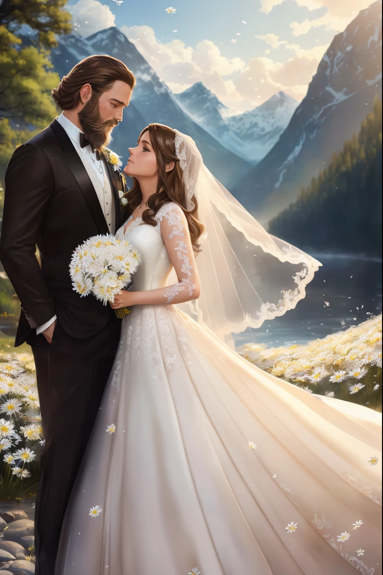 ((one brown haired woman in wedding dress and one blonde haired man with a beard in a tuxedo kiss happily)), 8k artgerm bokeh, fanart best artstation, render photorealistic, guweiz-style art, inspired by WLOP, ig model | artgerm, detailed portrait, stunning portrait of realistic face, beautiful portrait, deviantart artstation cgscosiety, a stream and mountain background,  (daisy petals floating in air:1.3), early morning light, crepuscular lighting, dynamic pose, dynamic angle,