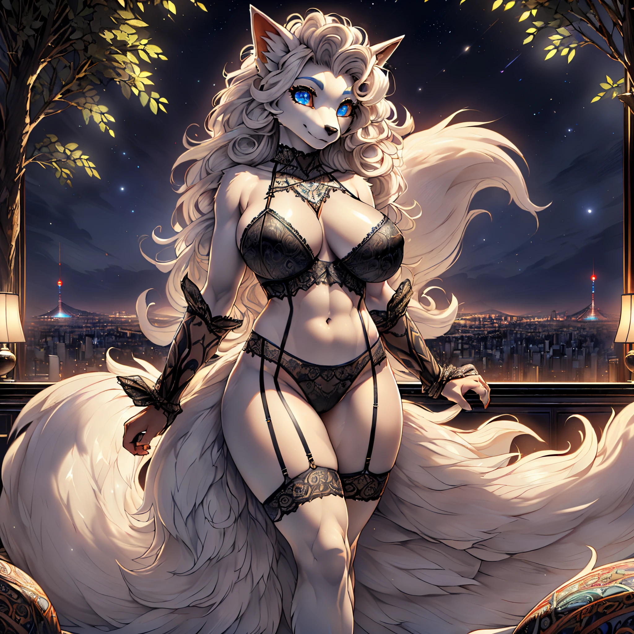 1girl (((Made by Complextree))), (Alolan Ninetales), ((solo)), ((big and firm breasts, antrum, extremely detailed, extremely detailed legs, extremely detailed arms, extremely detailed face, perfectly detailed eyes,perfectly detailed anatomy, Curly hair, Wearing Black Lingerie , Luxury Apartment, Can see the Night Tokyo landscape))