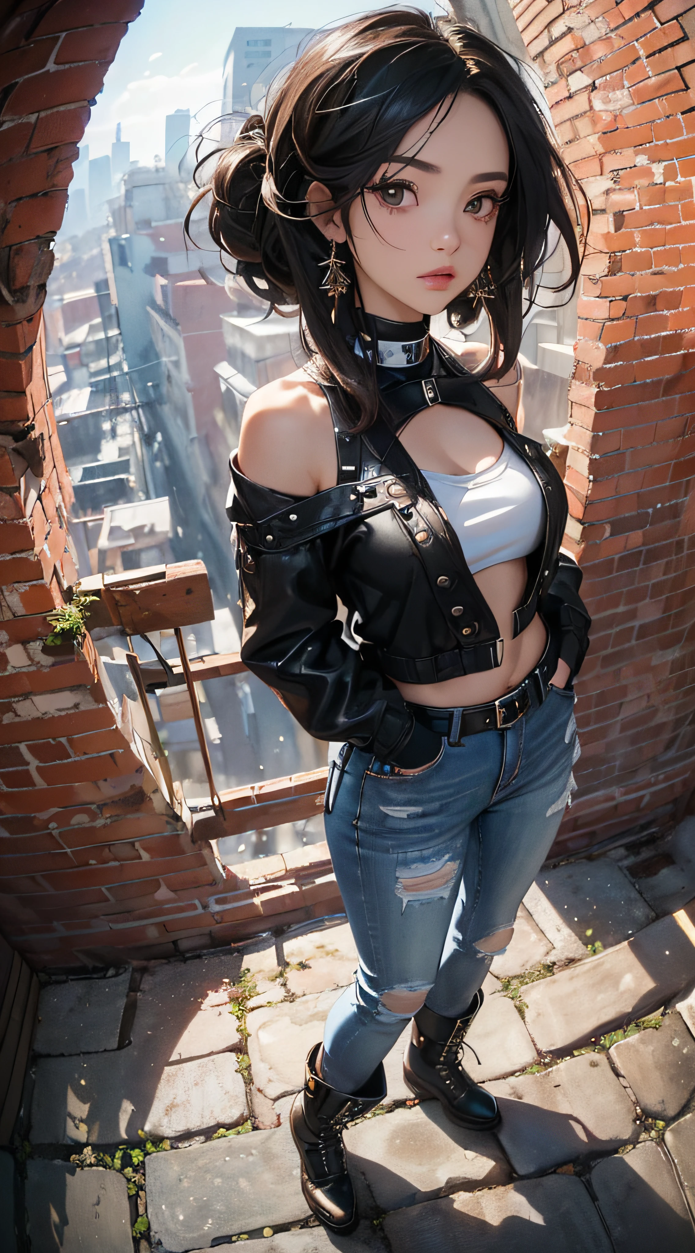 (((8k wallpaper of extremely detailed CG unit:1.2, masterpiece, hight resolution:1.2, top-quality:1.2, masutepiece))), ((a very beautiful woman, Hands in pockets:1.8, Fashion poses:1.3, Street fashion:1.5, Wear jeans, Wearing boots:1.3)), ((extra detailed face, Highly detailed black eyes, extra detailed body, Top quality real texture skins)), (A dark-haired:1.2, funky hairstyle, straight haired:1.2, The long-haired, de pele branca, Big:1.2, exposed shoulder), ((Alley without people, Mileland, Brick wall, natta)), (high-angle:1.2, a closeup, Fisheye:1.4), hyper realisitic, digitial painting,