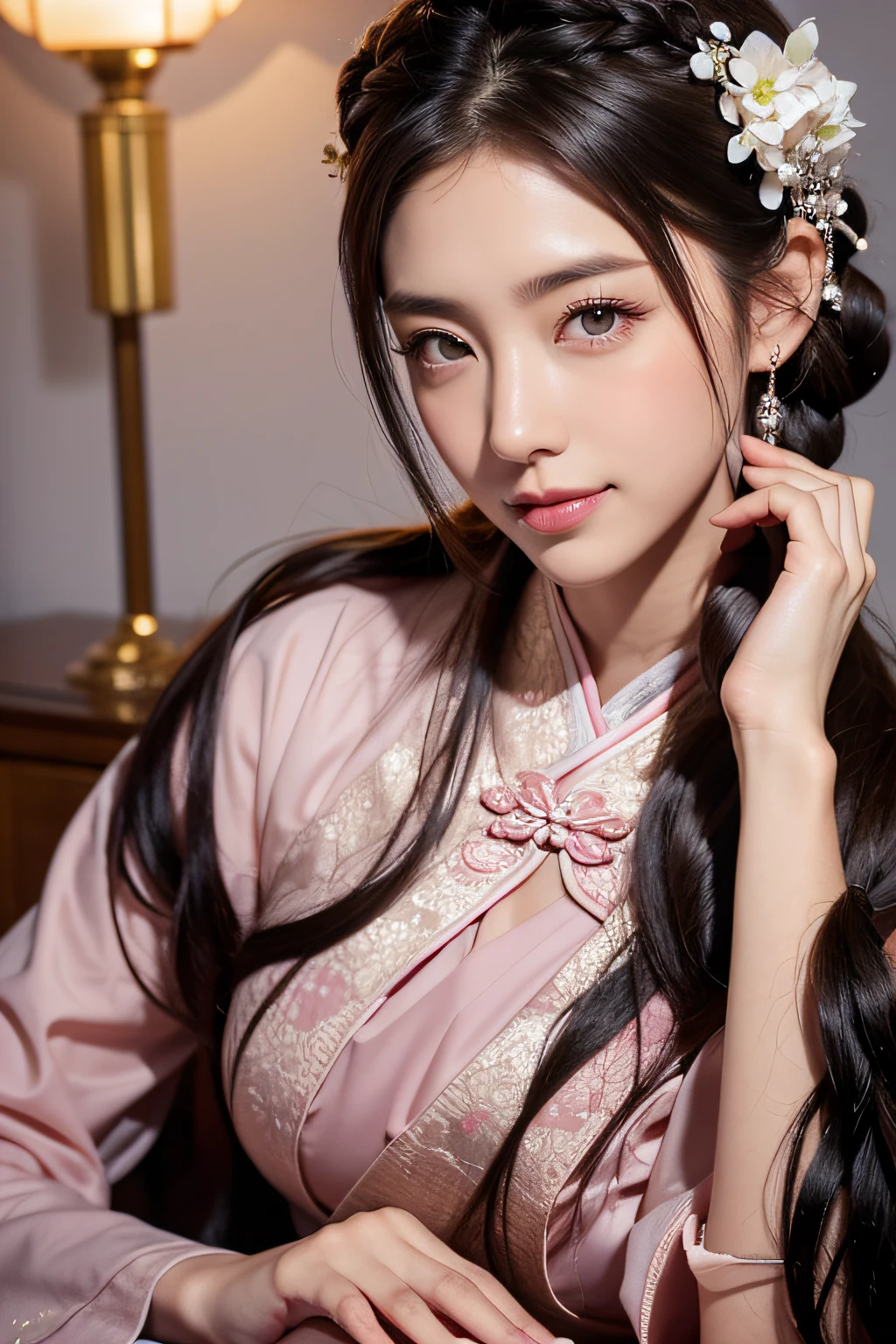 masutepiece, best, Night, fullmoon, 1 female, Mature Woman, Chinese style, Ancient China, Older sister, Royal sister, Smile, dark brown hair, Dark hair, Princess Cut, braid, Curly hair, Double ball head, pale pink lips, Calm, Intellectual, Medium Hair, green pupils, Hairpin, hydrangeas, Delicate face, Face Close-up, Hand close-up