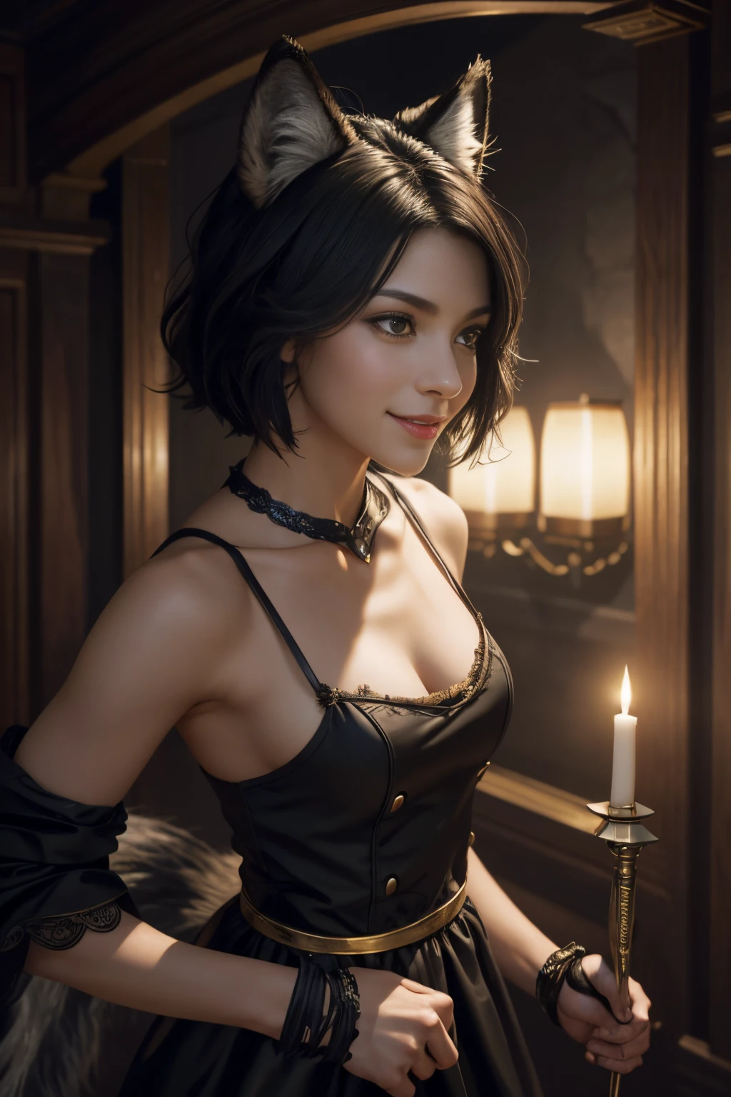 8K、top-quality,The whole body is reflected,1 persons,(Caucasian girl werewolf) Super beautiful small-breasted wolf anthropomorphic(Lifelike face) Wolf personification ,Short bob with black hair,Maid Long Skirt,Invincible smile,Black and white maid costume,Golden decoration,scurry, Beautiful expression, Ultra-high-resolution smile, accurate detail, Realistic skin,enticing,red claw,Beautiful wolf eyes,Holding a dagger,Gray wolf ears,tiny chest,Holding a dagger,combat scene,