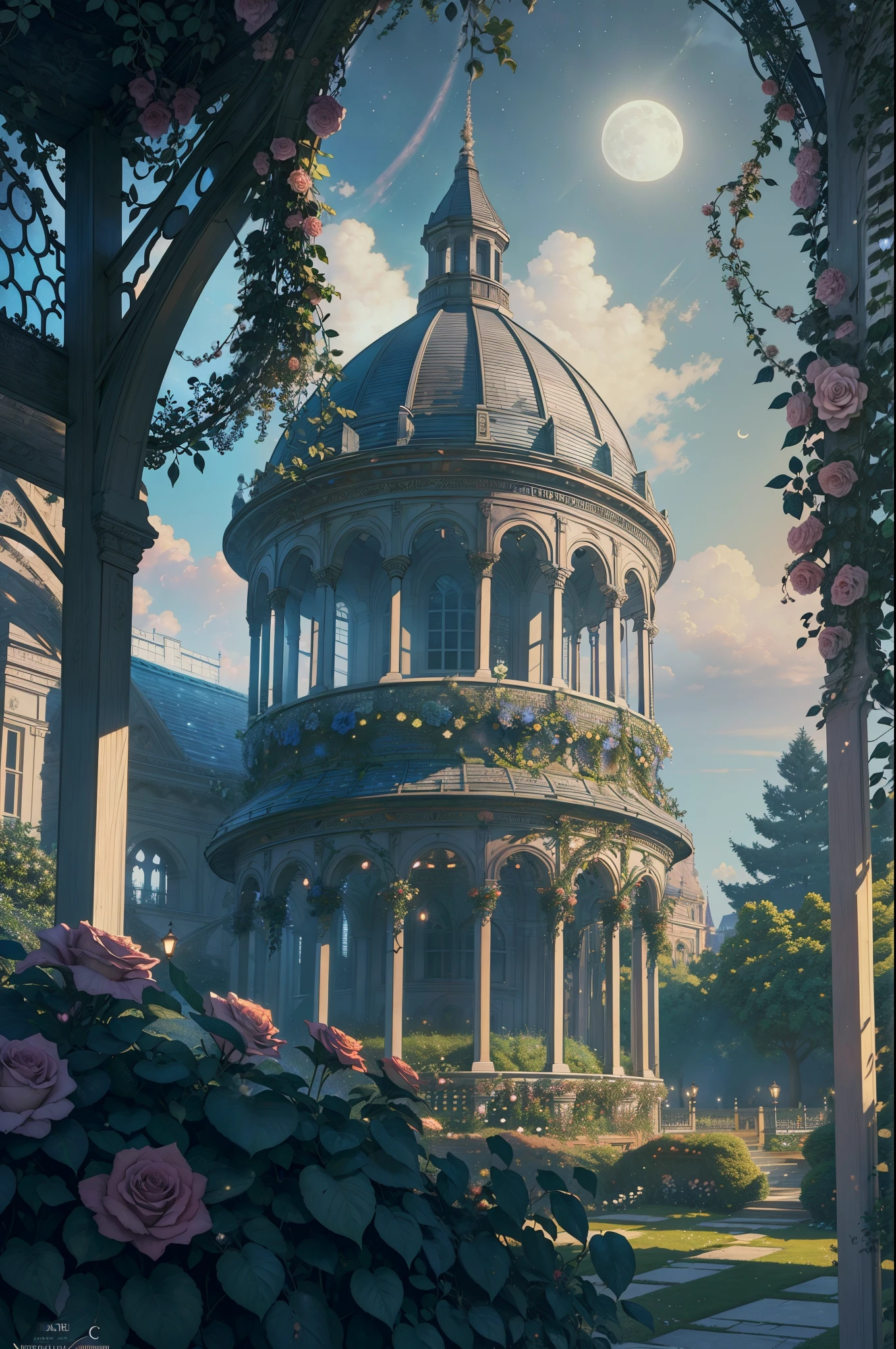 (Illustration:1.3), (secret garden), lush, floral, rose, (botanical), romanticism, moody, space, stars, nebula, beautiful clouds, moon, trellis, lattice, garden, gazebo, (realistic:1.5), (good shading), good architecture, volumetric lighting, cinematic, good architecture, (highest quality, award winning, masterpiece:1.5),