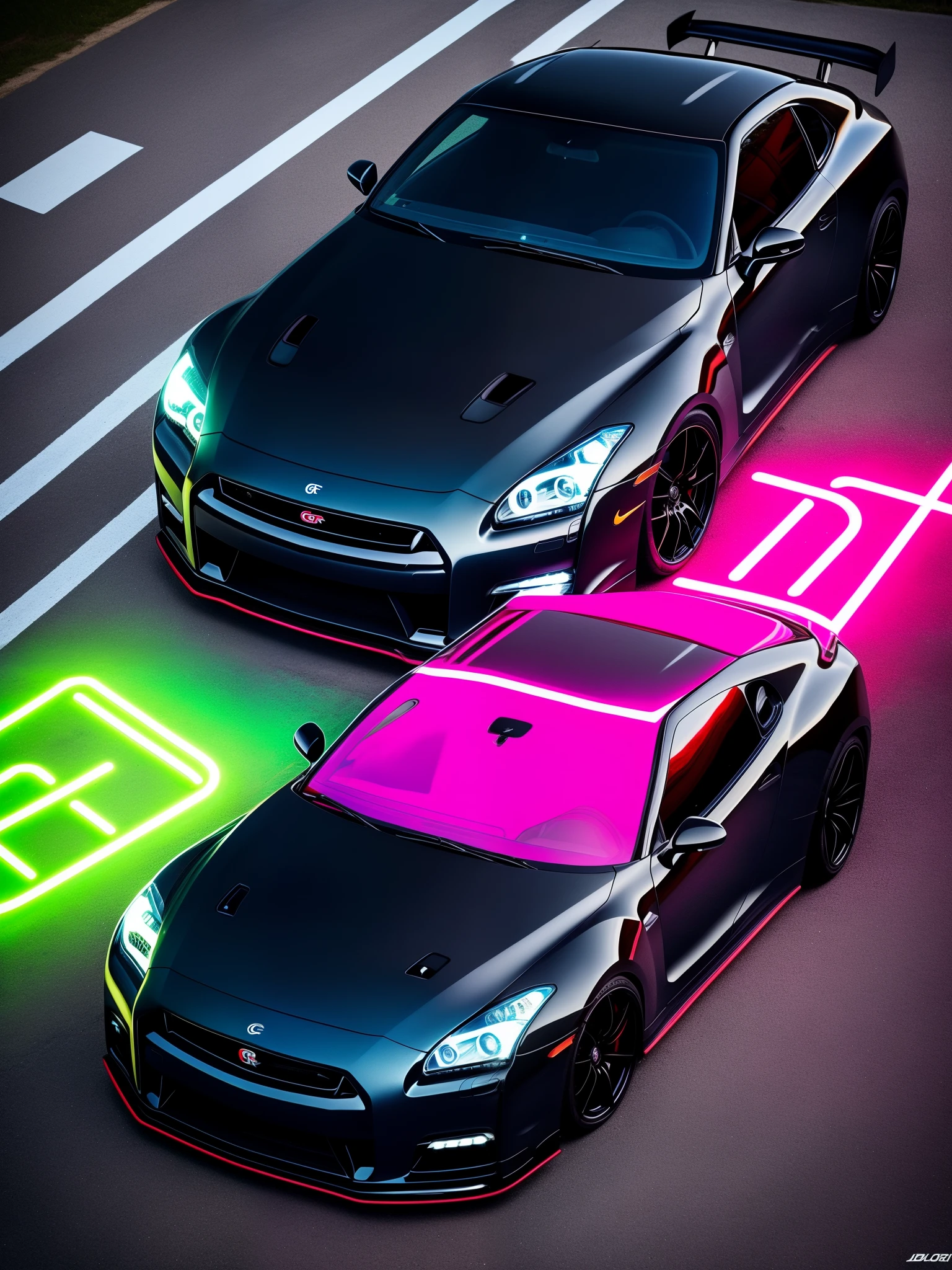 I want you to make me a wallpaper where there is an all black gtr r35 with a purple neon underneath it and on top of the photo the nike symbol