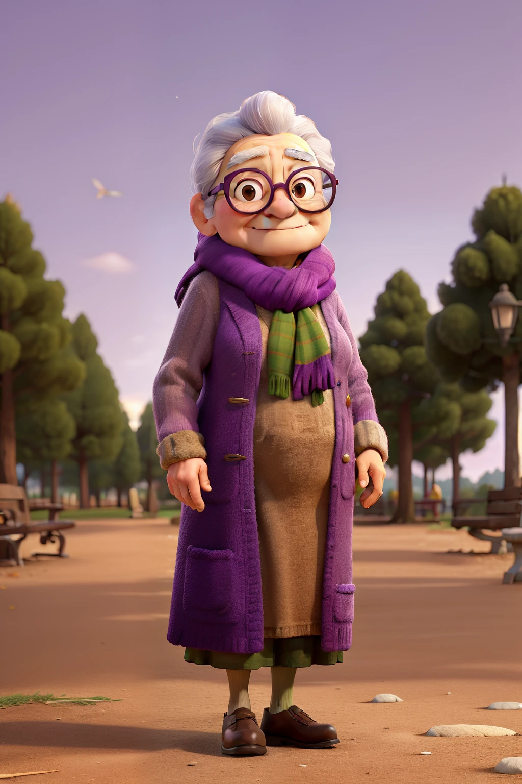 masterpiece, best quality, an old woman with glasses and a scarf on, wearing a purple coat and green scarf, standing at the park