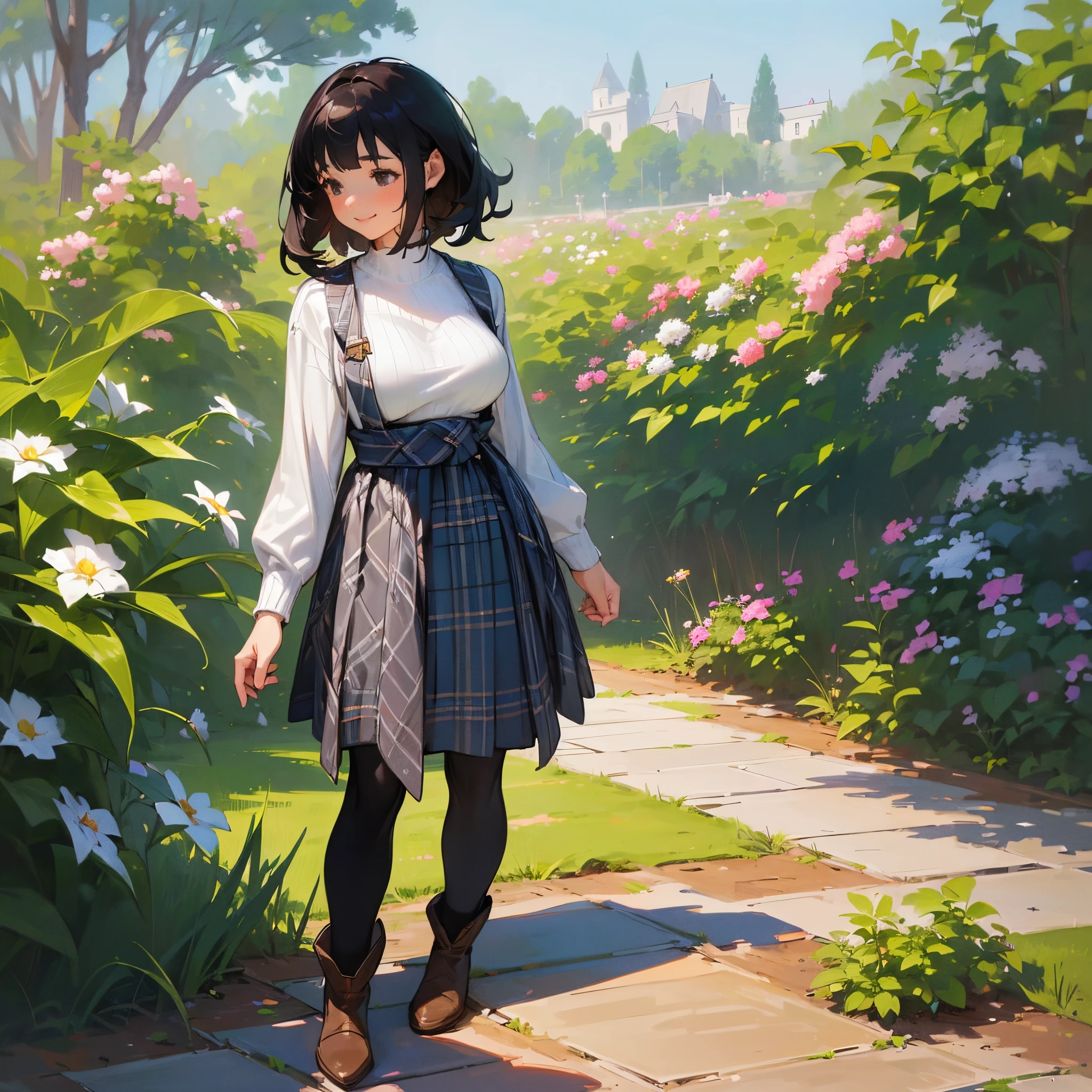 (High quality, High resolution, Ultra-detailed, Realistic:1.37), peaceful ambiance, (plein air, garden), Teenage girl standing alone, (My breasts are big.), Beautiful detailed features, Cute smile, (Black bob hair), Rib Sweater, blue plaid skirt, Black tights, Brown boots.