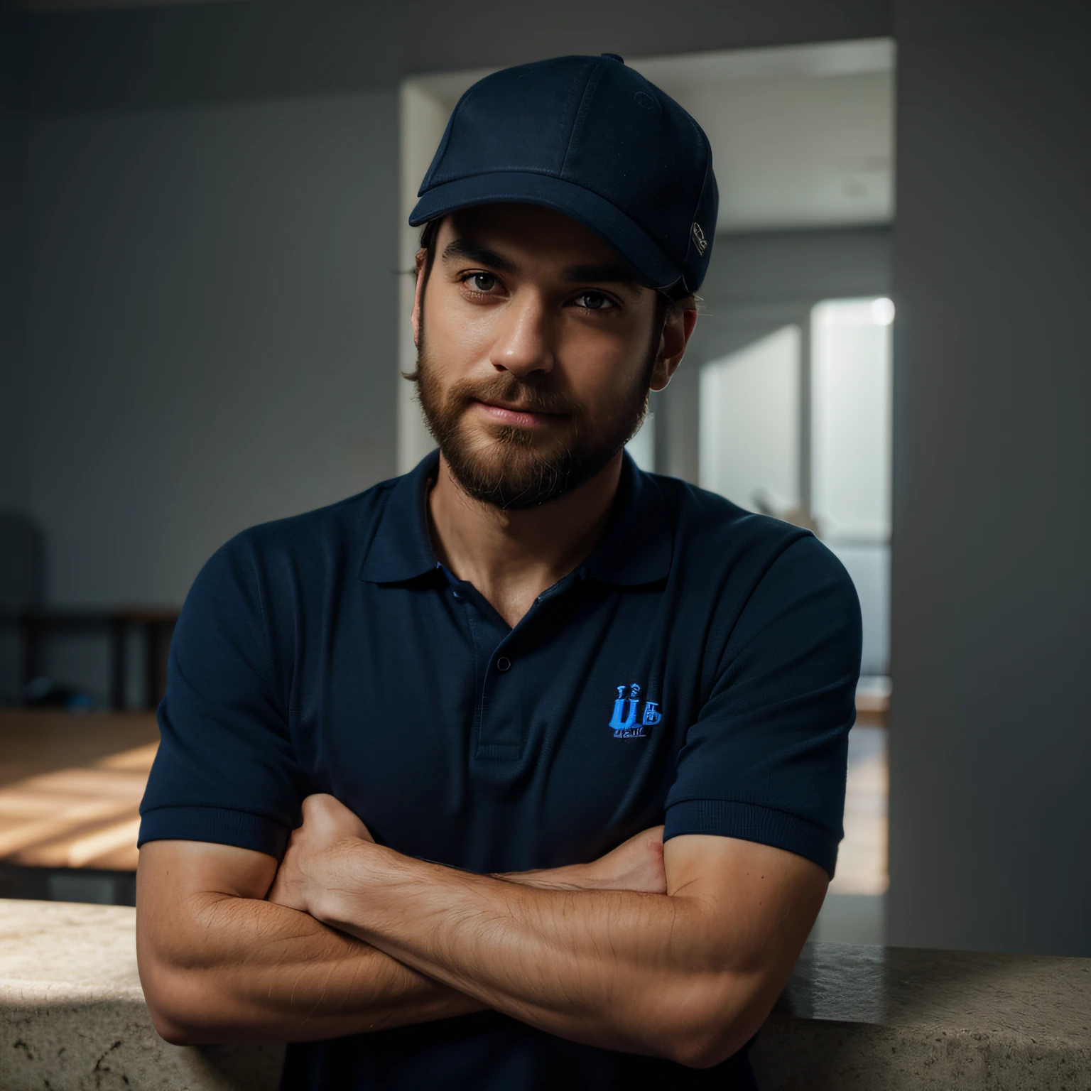 (best quality,ultra-detailed,realistic:1.37),HDR,UHD,stunning portrait,natural lighting,sexy man,confident,professor,college,leaned on wall,crossed arms,looking at spectator,sexy smile,dark blue polo shirt,dark blue cap,blue-gray background,college atmosphere,clear focus,detailed facial features,strong gaze,sharp jawline,dark hair,well-groomed beard,comfortable pose,relaxed expression,subtle shadows,vivid colors