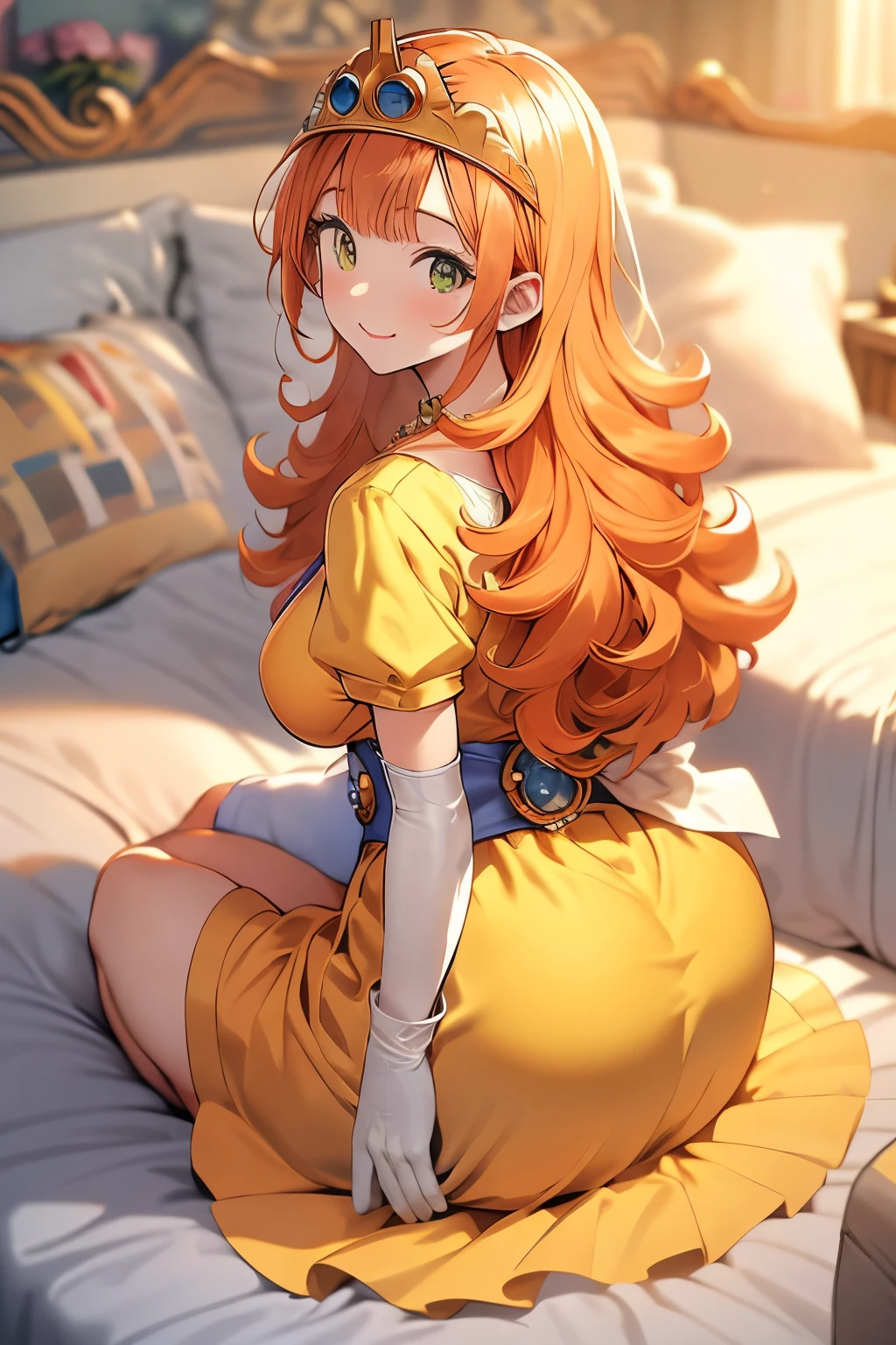 nsfw, masterpiece, best quality, dqLaura, tiara, orange hair, long hair, big boobs, ass, necklace, yellow dress, elbow gloves, looking at viewer, smile, bedroom, bed, sitting