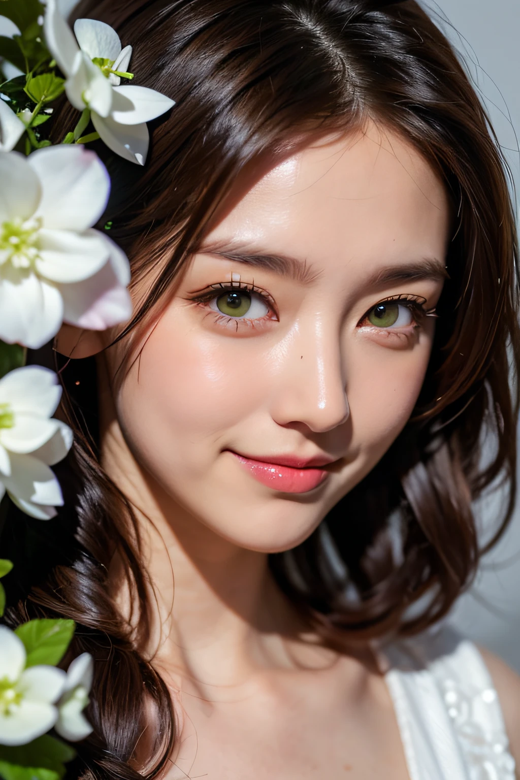 masutepiece, best, Night, fullmoon, (35 year old 1 woman), Mature Woman, Chinese style, Ancient China, Older sister, Royal sister, Smile, dark brown hair, Dark hair, Princess Cut, braid, Curly hair, Double ball head, pale pink lips, Calm, Intellectual, Medium Hair, green pupils, Hairpin, hydrangeas, Delicate face, Face Close-up, Hand close-up