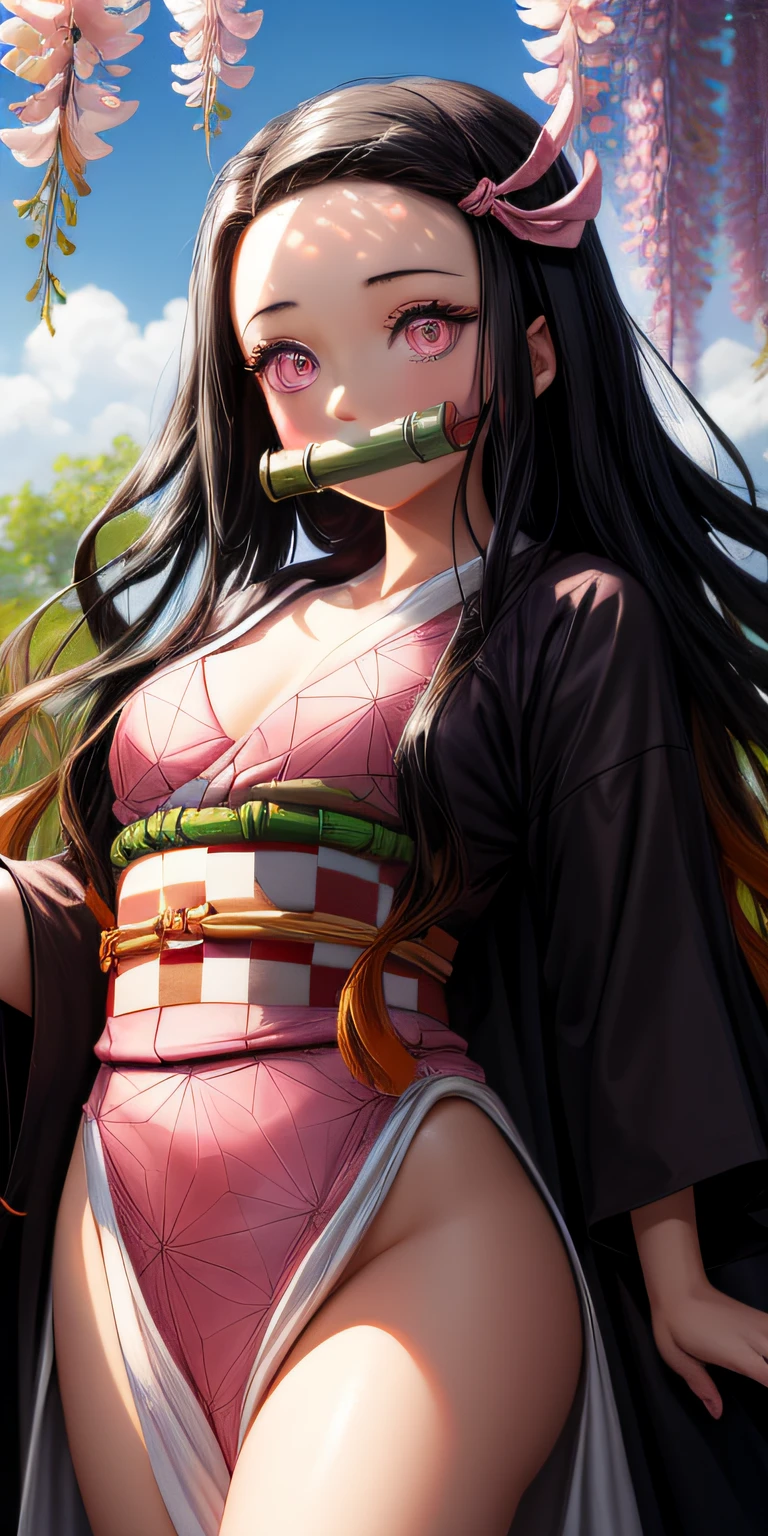 masterpiece, (pink kimono), seductive face, good lighting, décolleté, fine details, masterpiece, glowing eyes, 1girl, black hair, gag, bamboo, Nezuko Kamado, wisteria background, masterpiece, best quality, POV, whole body, wide hips,