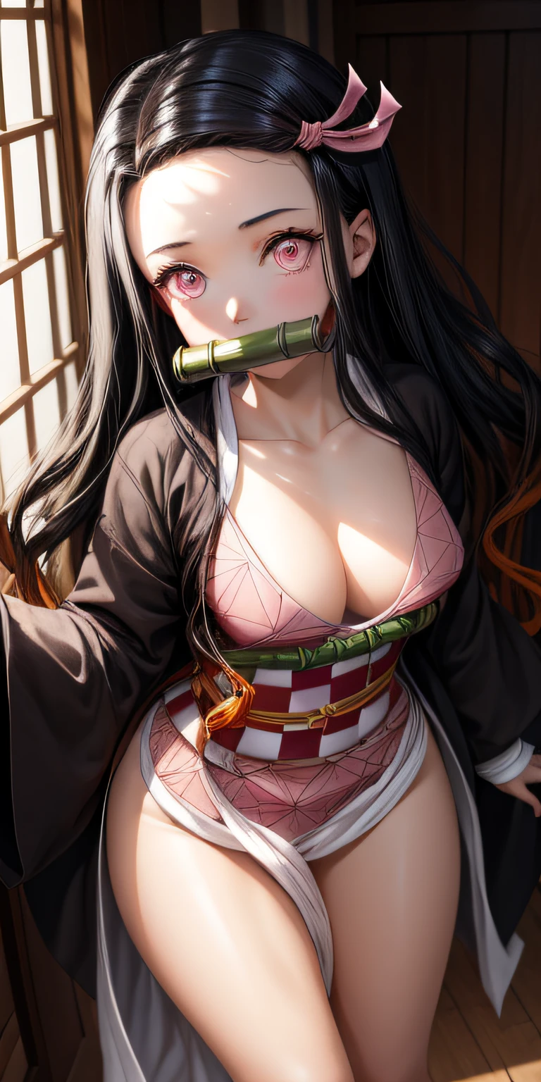 masterpiece, (pink kimono), seductive face, good lighting, décolleté, fine details, masterpiece, glowing eyes, 1girl, black hair, gag, bamboo, Nezuko Kamado, wisteria background, masterpiece, best quality, POV, whole body, wide hips,