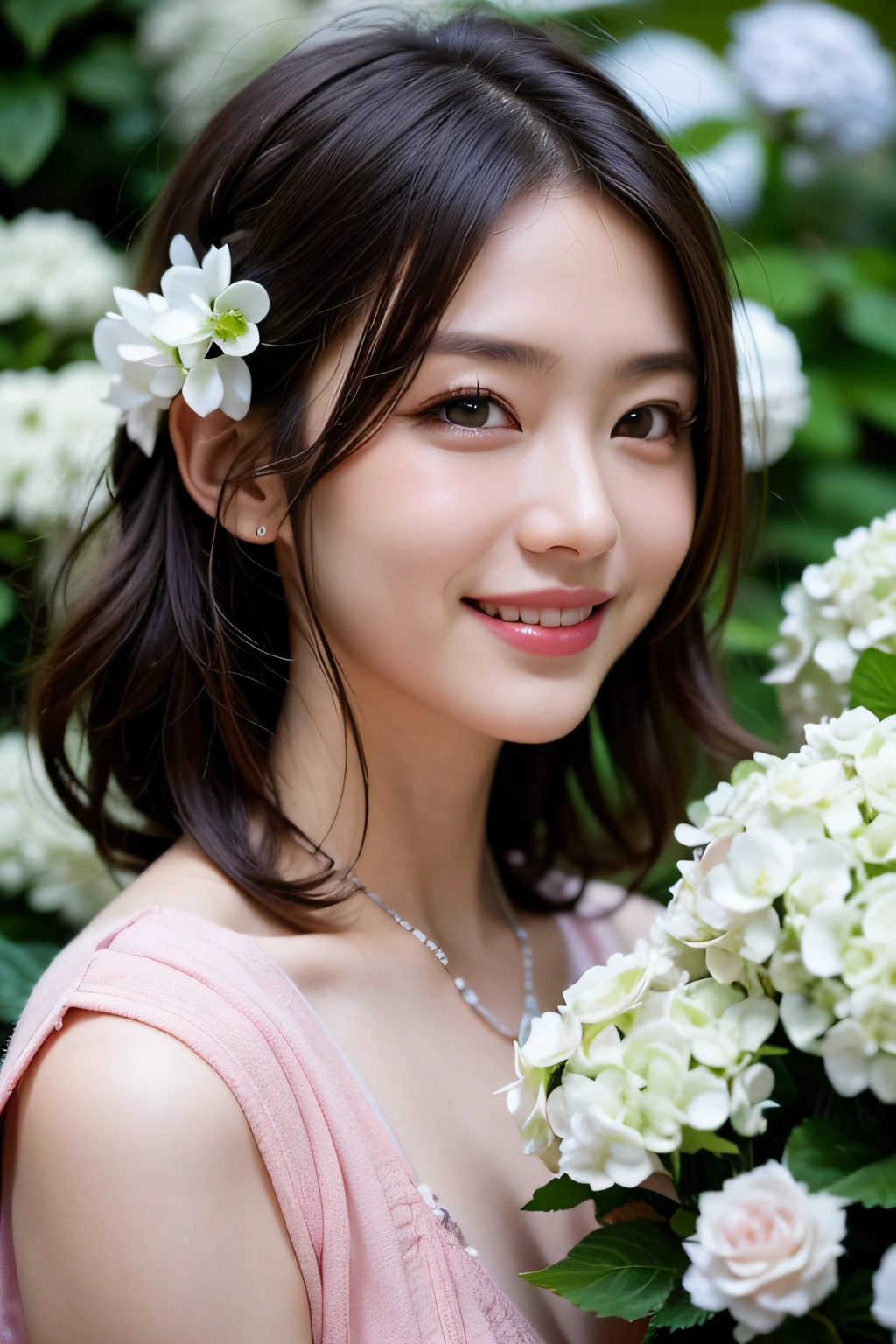 masutepiece, best, Night, fullmoon, (35 year old 1 woman), Mature Woman, Chinese style, Ancient China, Older sister, Royal sister, Smile, dark brown hair, Dark hair, Princess Cut, braid, Curly hair, Double ball head, pale pink lips, Calm, Intellectual, Medium Hair, green pupils, Hairpin, hydrangeas, Delicate face, Face Close-up, Hand close-up
