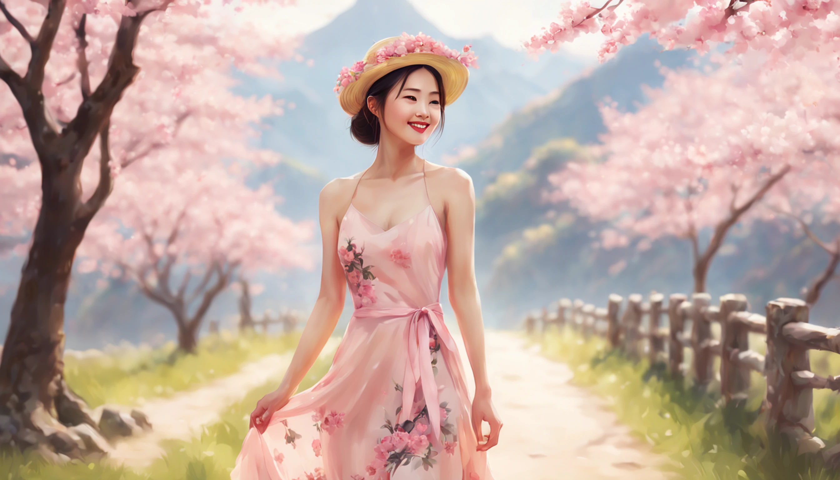 painting of a beautiful Chinese woman standing in a cherry blossom field with a sun hat and wearing pink halter dress, longos cabelos castanhos ondulados, wearing sunglasses, alto e magro, Beautiful, sorriso sutil, em um barco em um rio, por Yang J, Arte digital altamente detalhada em 4k, pintura detalhada 4K, inspirado em Raphael Lacoste, Pintura digital fosca 4K HD, Paisagem chinesa, inspirado em Fenghua Zhong, Detailed scenery—width 672, autor:Qu Leilei, inspirado em Andreas Rocha, autor:Xu Song