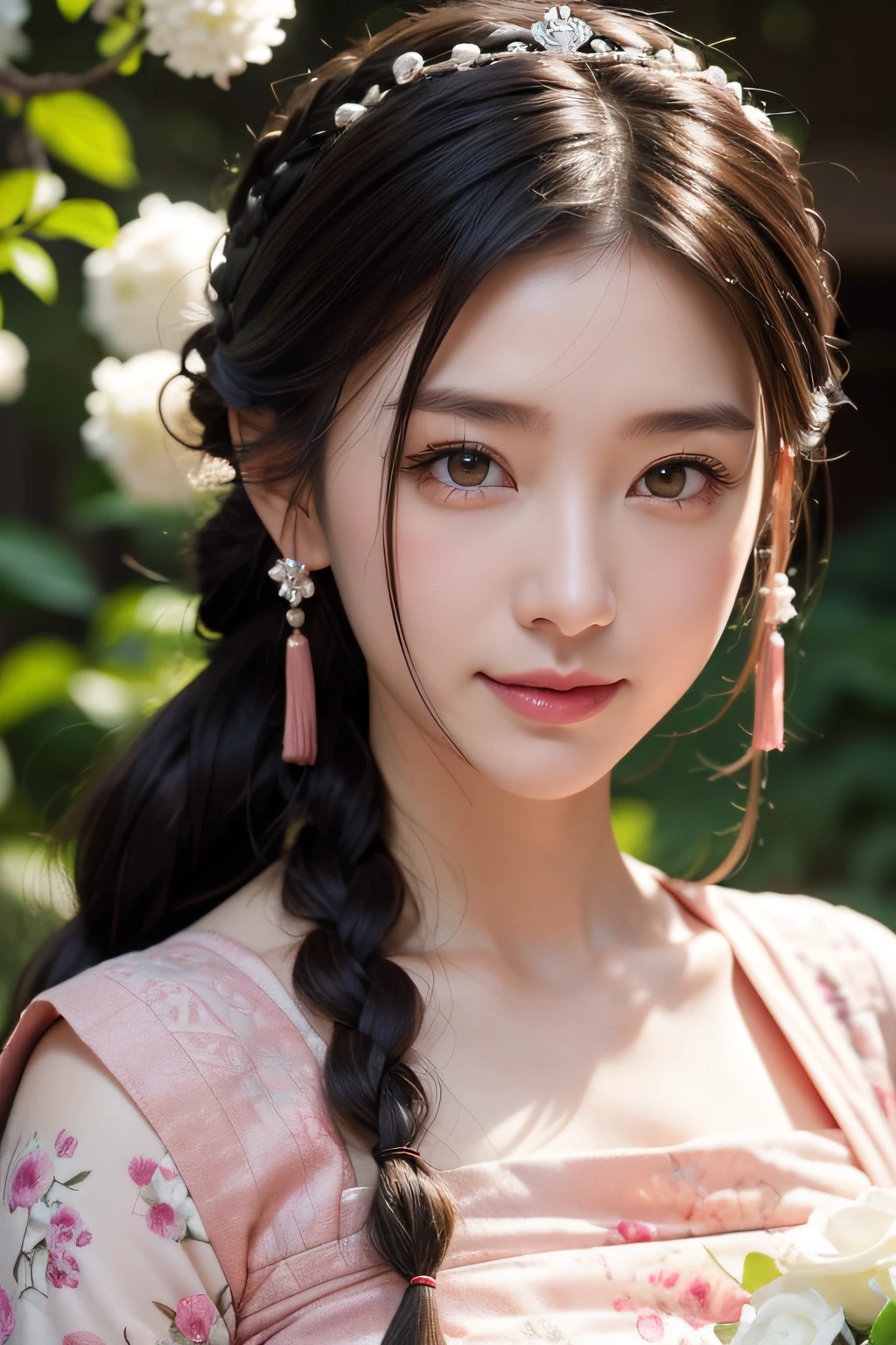 masutepiece, best, Night, fullmoon, 1 female, Mature Woman, Chinese style, Ancient China, Older sister, Royal sister, Smile, dark brown hair, Dark hair, Princess Cut, braid, Curly hair, Double ball head, pale pink lips, Calm, Intellectual, Medium Hair, green pupils, Hairpin, hydrangeas, Delicate face, Face Close-up, Hand close-up