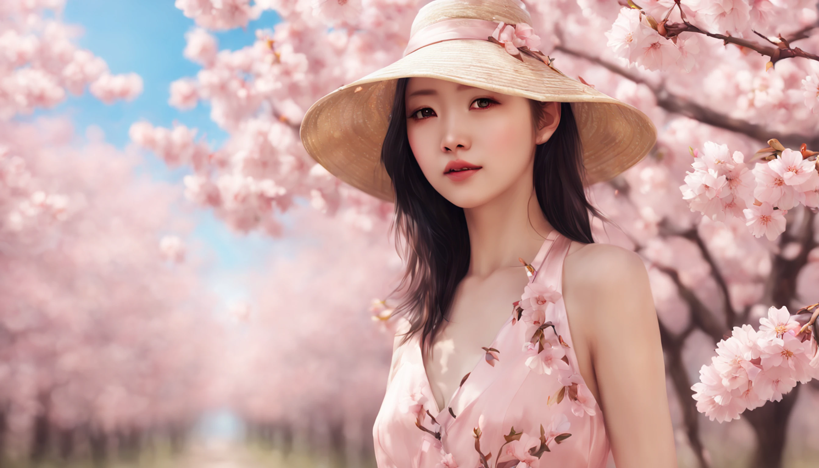 painting of a beautiful Chinese woman standing in a cherry blossom field with a sun hat and wearing pink halter dress, longos cabelos castanhos ondulados, wearing sunglasses, alto e magro, Beautiful, sorriso sutil, em um barco em um rio, por Yang J, Arte digital altamente detalhada em 4k, pintura detalhada 4K, inspirado em Raphael Lacoste, Pintura digital fosca 4K HD, Paisagem chinesa, inspirado em Fenghua Zhong, Detailed scenery—width 672, autor：Qu Leilei, inspirado em Andreas Rocha, autor：Xu Song