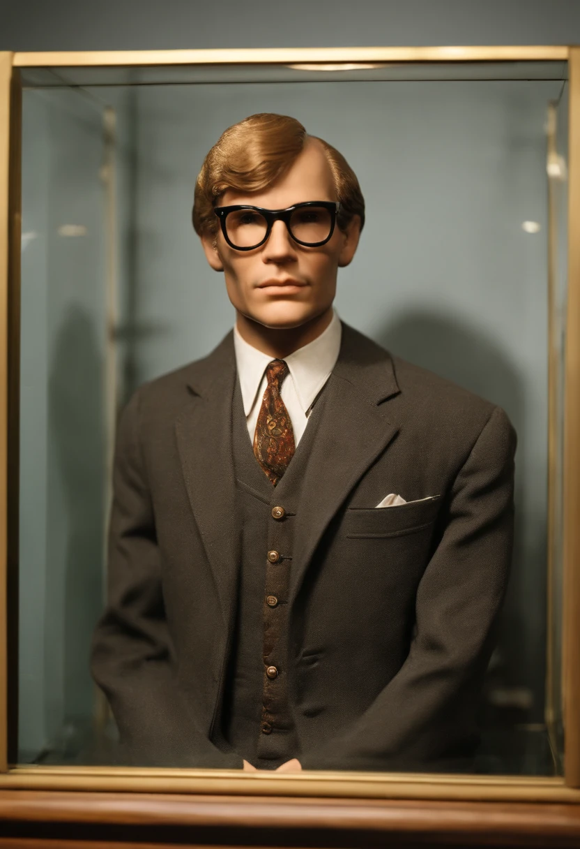 A photo of a unique taxidermy display,American history,Jeffrey Dahmer, an infamous American serial killer, had an unassuming appearance that belied his gruesome criminal nature. He was of average build and height, with blonde hair and bespectacled, often described as looking ordinary or nondescript. Dahmer’s typical attire was casual and unremarkable, further contributing to his ability to blend into society without arousing suspicion. His facial expressions often appeared flat and emotionless, especially in police photographs and court appearances.