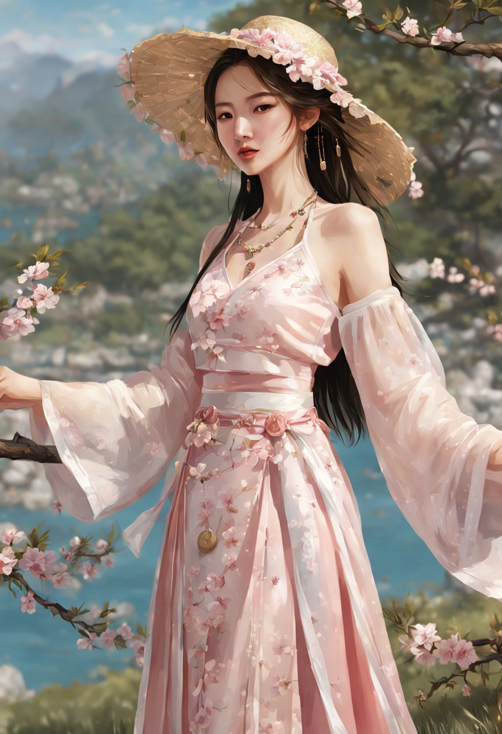 painting of a beautiful Chinese woman standing in a cherry blossom field with a sun hat and wearing pink halter dress, longos cabelos castanhos ondulados, wearing sunglasses, alto e magro, Beautiful, sorriso sutil, em um barco em um rio, por Yang J, Arte digital altamente detalhada em 4k, pintura detalhada 4K, inspirado em Raphael Lacoste, Pintura digital fosca 4K HD, Paisagem chinesa, inspirado em Fenghua Zhong, Detailed scenery—width 672, autor：Qu Leilei, inspirado em Andreas Rocha, autor：Xu Song