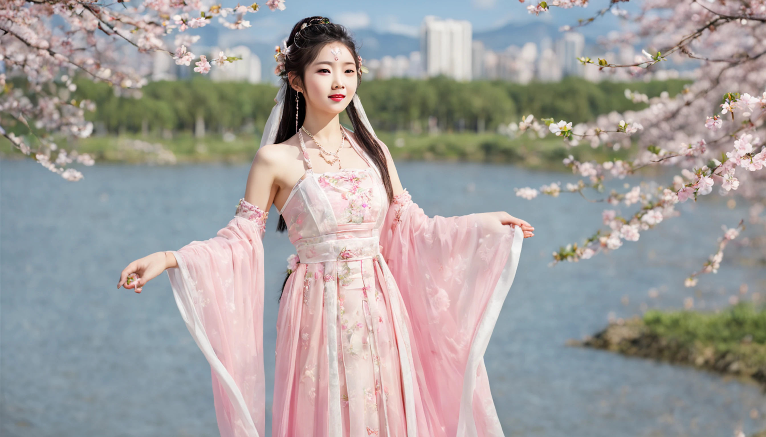 (masterpaintings,Melhor Quoridade),Riverside,There are many tall buildings across the river,profundidade de campo,perfect lighting,light particles,(Melhor Quoridade),(masterpaintings),(hiper detalhado),foco nítido,light particles,a beautiful Chinese woman standing in a cherry blossom field with a sun hat and wearing pink halter dress, longos cabelos castanhos ondulados, wearing sunglasses, alto e magro, Beautiful, sorriso sutil, Olhando_em_espreitando o espectador,sorrir,sozinho,open sky_Clothes,Arms back,standingn, e de corpo inteiro,Japanese style costume,raio de sol,The tree,De boca aberta,Arms back,cabelos azuis,orelhas brancas,fuchsia eyes