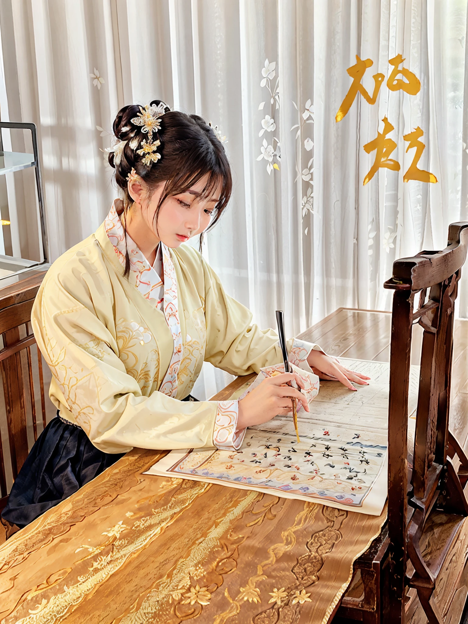 There is a woman writing on a piece of paper next to the table, Inspired by Song Huizong, inspired by Guan Daosheng, Inspired by Ma Yuanyu, korean writing, Inspired by Yang Weizhen, Inspired by Chen Daofu, inspired by Tang Yin, Inspired by Zhang Zeduan, Chinese traditional, Inspired by Du Qian