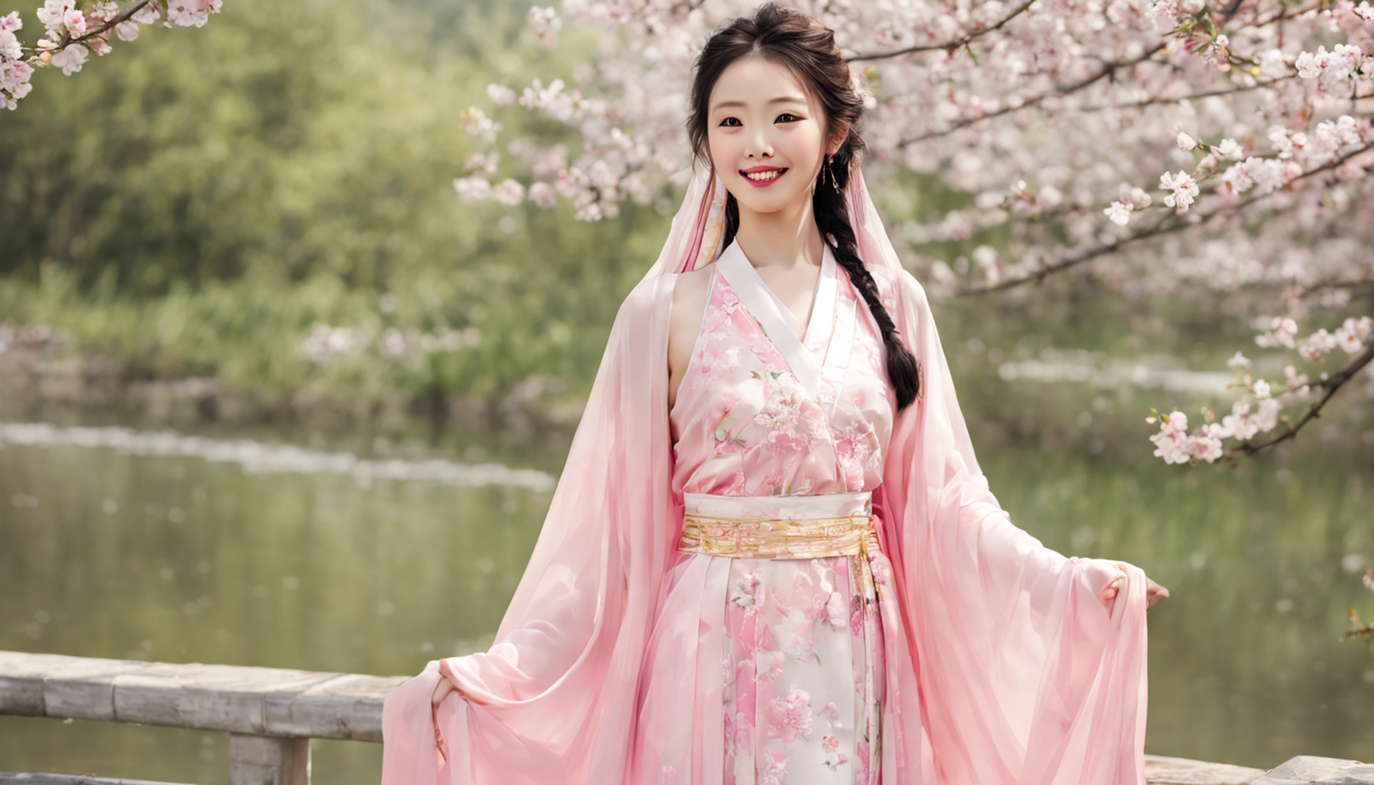 (masterpaintings,Melhor Quoridade),Riverside,There are many tall buildings across the river,profundidade de campo,perfect lighting,light particles,(Melhor Quoridade),(masterpaintings),(hiper detalhado),foco nítido,light particles,a beautiful Chinese woman standing in a cherry blossom field with a sun hat and wearing pink halter dress, longos cabelos castanhos ondulados, wearing sunglasses, alto e magro, Beautiful, sorriso sutil, Olhando_em_espreitando o espectador,sorrir,sozinho,open sky_Clothes,Arms back,standingn, e de corpo inteiro,Japanese style costume,raio de sol,The tree,De boca aberta,Arms back,cabelos azuis,orelhas brancas,fuchsia eyes