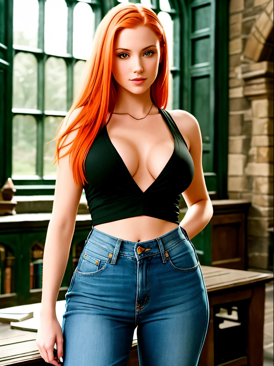 A hot ginger girl with a skinny body and perfect curves wearing a 2000’s based outfit with low rise jeans at hogwarts talking to Draco malfoy