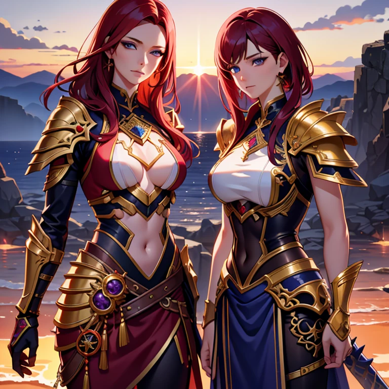 redhead warrior women resting in on a cliff edge under sunset, short hair, red hair, blue eyes, purple armor, gold plating exposed belly button, dragon tattoo on stomach, muscular yet feminine, smirking, covered by armor, relaxed, not naked, holding a sword, skin tight armor, purple shoulder plates, armored legs, breastplate, illustration,ultra-detailed, best quality, realistic,colors: deep red and purple,beautiful,scenic lighting,wind-blown hair,peaceful environment