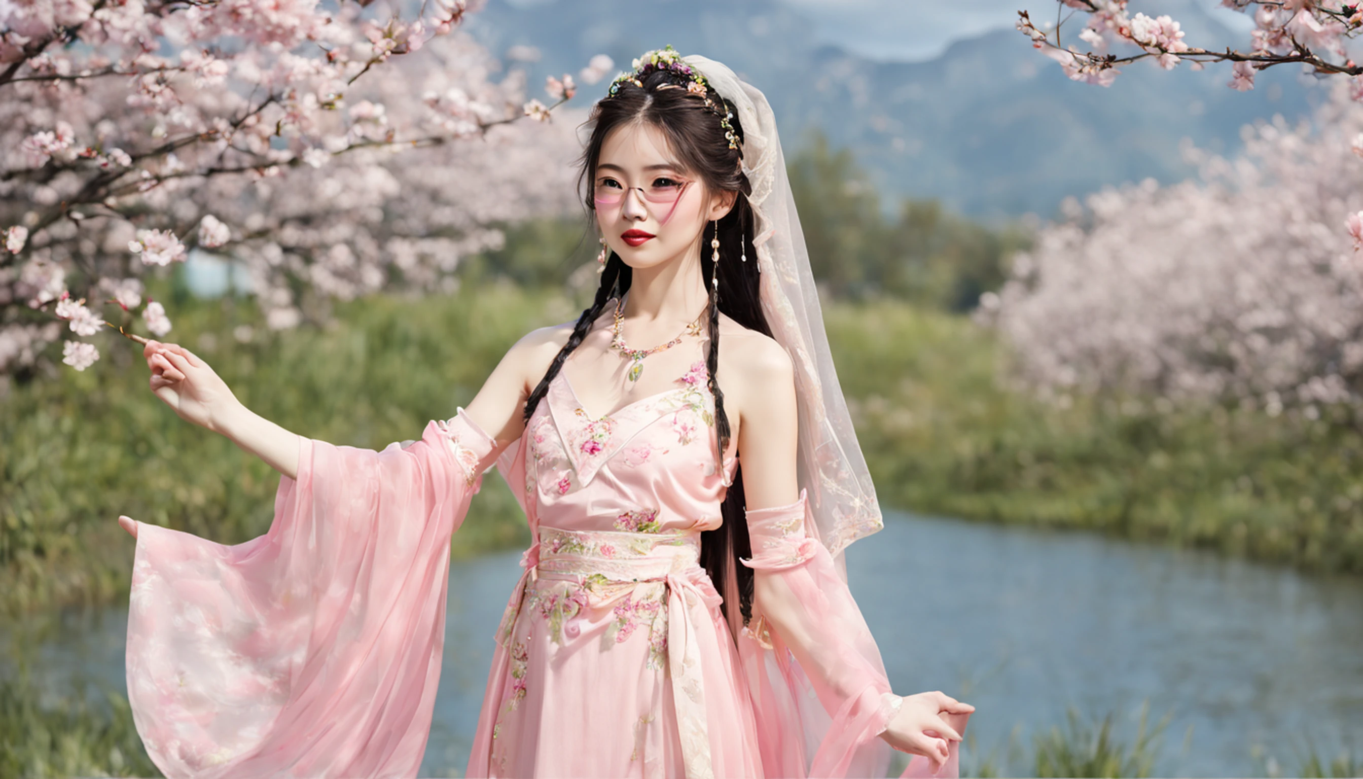 (masterpaintings,Melhor Quoridade),Riverside,There are many tall buildings across the river,profundidade de campo,perfect lighting,light particles,(Melhor Quoridade),(masterpaintings),(hiper detalhado),foco nítido,light particles,a beautiful Chinese woman standing in a cherry blossom field with a sun hat and wearing pink halter dress, longos cabelos castanhos ondulados, wearing sunglasses, alto e magro, Beautiful, sorriso sutil, Olhando_em_espreitando o espectador,sorrir,sozinho,open sky_Clothes,Arms back,standingn, e de corpo inteiro,Japanese style costume,raio de sol,The tree,De boca aberta,Arms back,cabelos azuis,orelhas brancas,fuchsia eyes