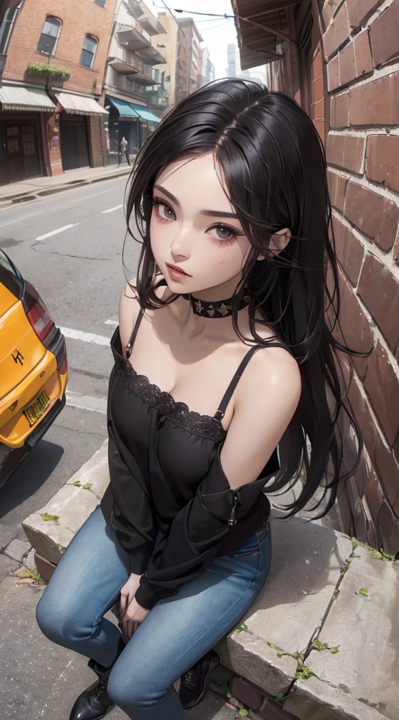(((8k wallpaper of extremely detailed CG unit:1.2, masterpiece, hight resolution:1.2, top-quality:1.2, masutepiece))), ((a very beautiful woman, Hands in pockets:1.8, Sitting on a bench, Fashion poses:1.3, Street fashion:1.5, Wear jeans, Wearing boots:1.3)), ((extra detailed face, Highly detailed black eyes, extra detailed body, Top quality real texture skins)), (A dark-haired:1.2, funky hairstyle, straight haired:1.2, The long-haired, de pele branca, Big:1.2, exposed shoulder), ((Alley without people, Mileland, surrounded by a brick wall:1.2)), (high-angle:1.2, a closeup, Fisheye:1.4), hyper realisitic, digitial painting,
