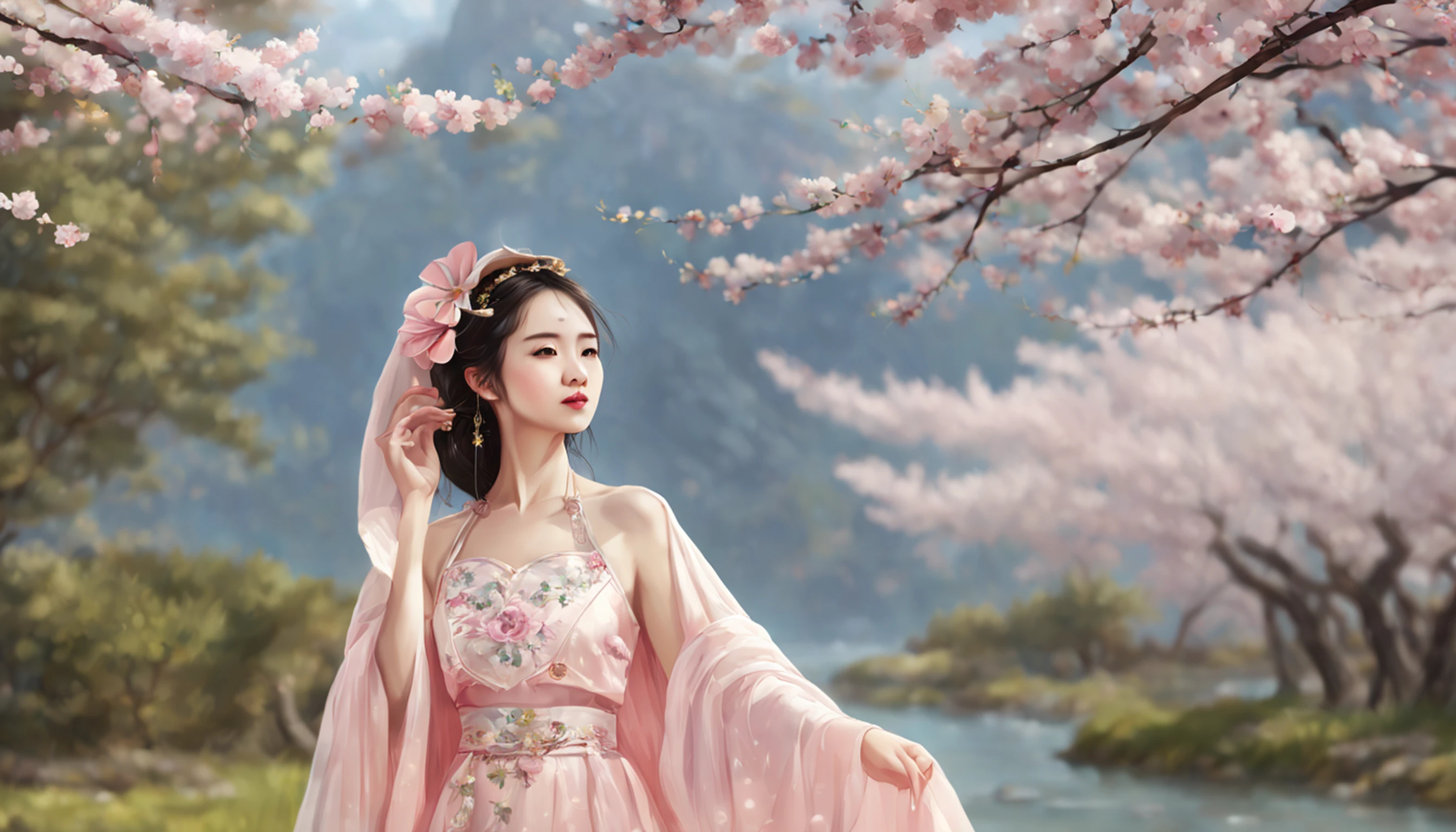 painting of a beautiful Chinese woman standing in a cherry blossom field with a sun hat and wearing pink halter dress, longos cabelos castanhos ondulados, wearing sunglasses, alto e magro, Beautiful, sorriso sutil, em um barco em um rio, por Yang J, Arte digital altamente detalhada em 4k, pintura detalhada 4K, inspirado em Raphael Lacoste, Pintura digital fosca 4K HD, Paisagem chinesa, inspirado em Fenghua Zhong, Detailed scenery—width 672, autor：Qu Leilei, inspirado em Andreas Rocha, autor：Xu Song